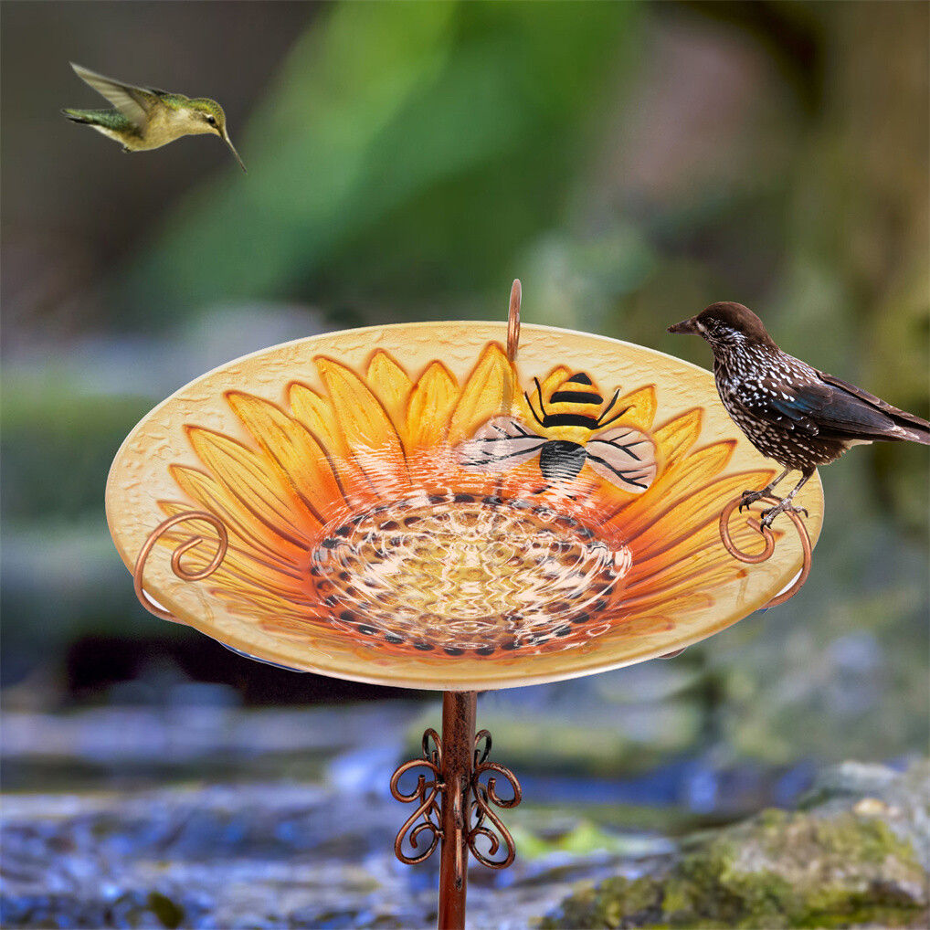Solar Bird Bath Feeder Fountain Deck Post Mount