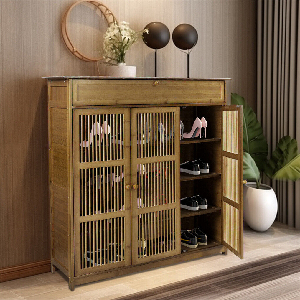 Wooden Shoe Rack XL 4 Tier 3 Doors Drawers Shelves Cabinet Organizer