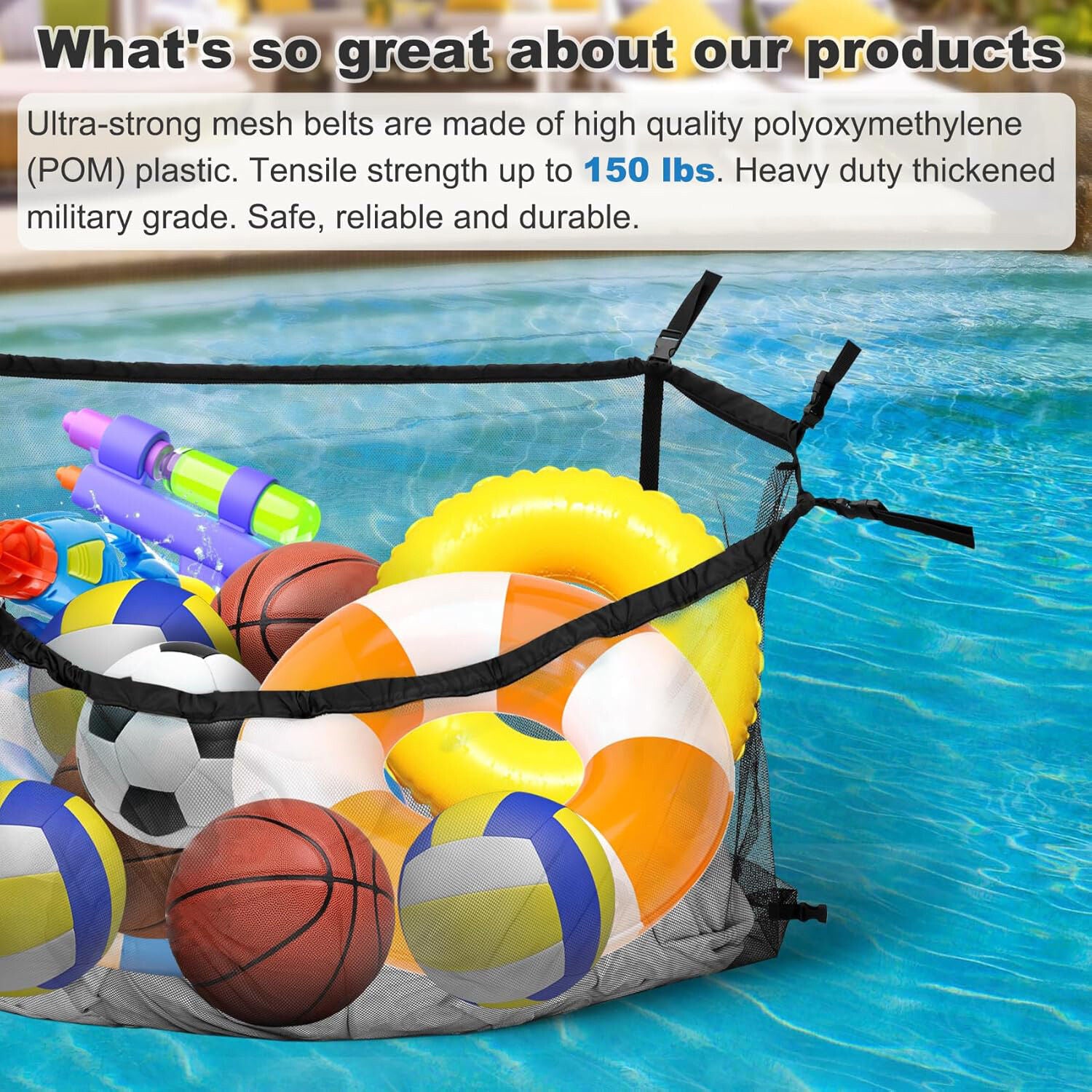 145x145CM Heavy Duty Pool Toy Storage Net Bag Adjustable Organizer