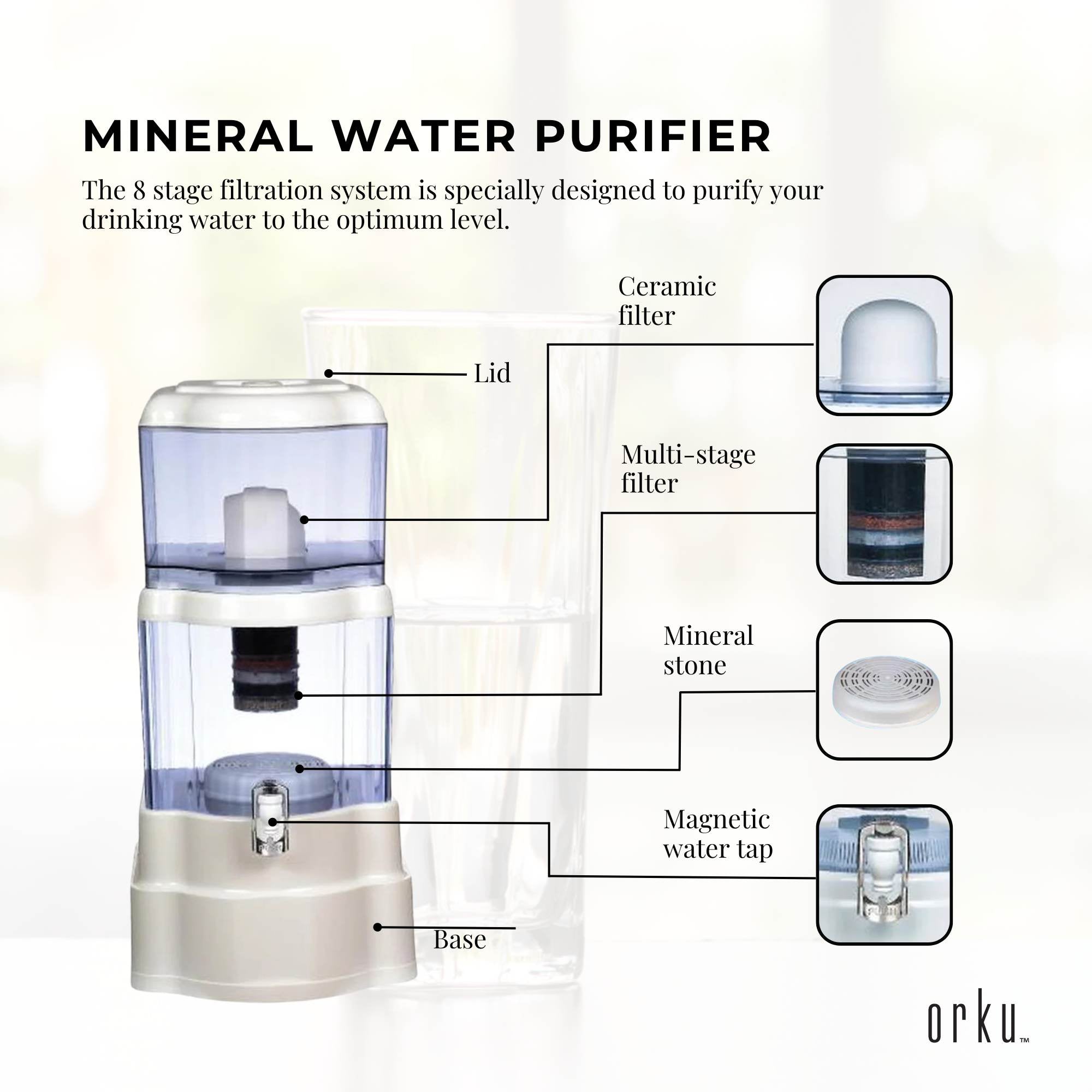 22L Benchtop 8 Stage Water Filter - Ceramic Carbon Mineral Stone Silica Purifier