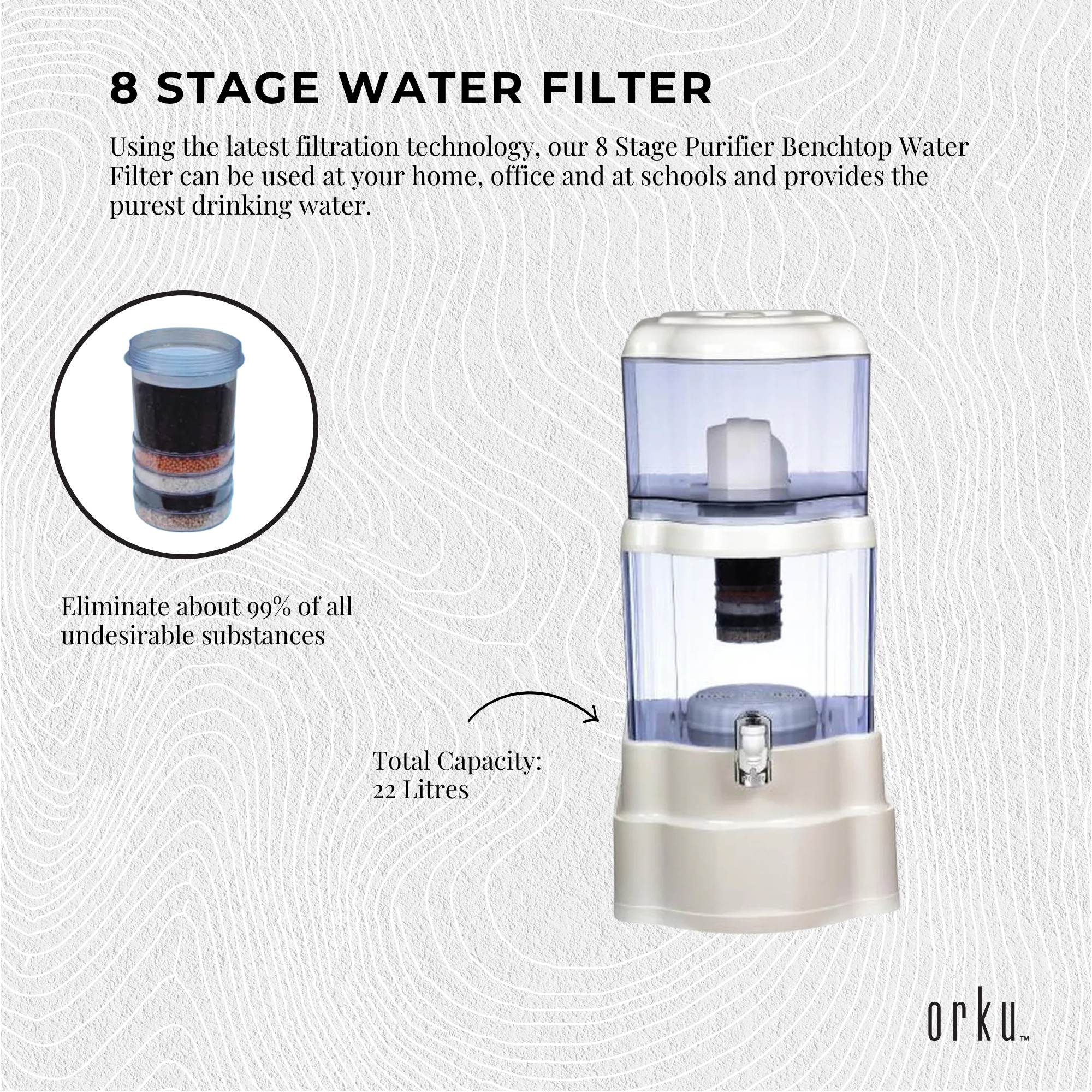 22L Benchtop 8 Stage Water Filter - Ceramic Carbon Mineral Stone Silica Purifier