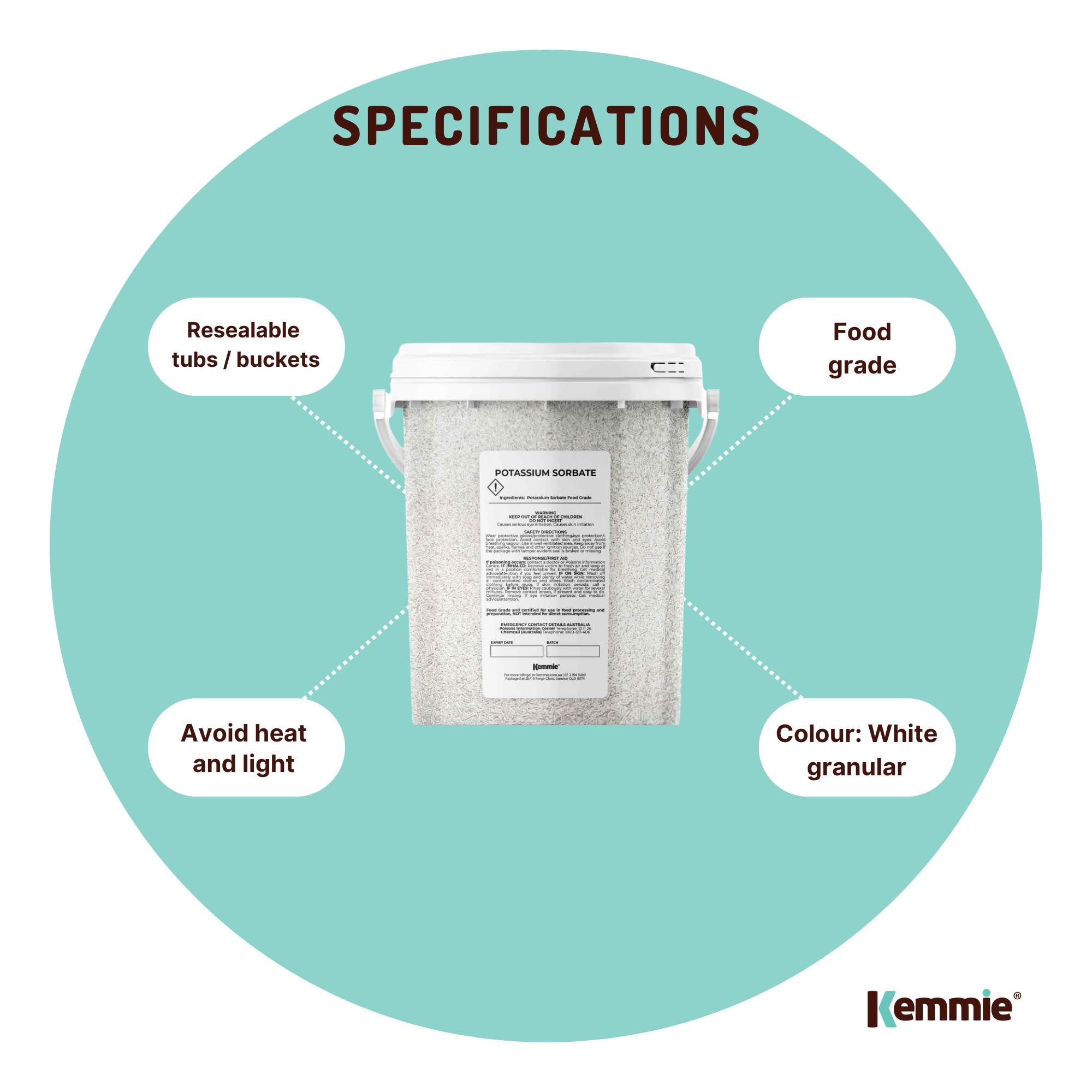 Kemmie 500g Potassium Sorbate Food Grade Granules Tub Preservative E202 Cosmetic