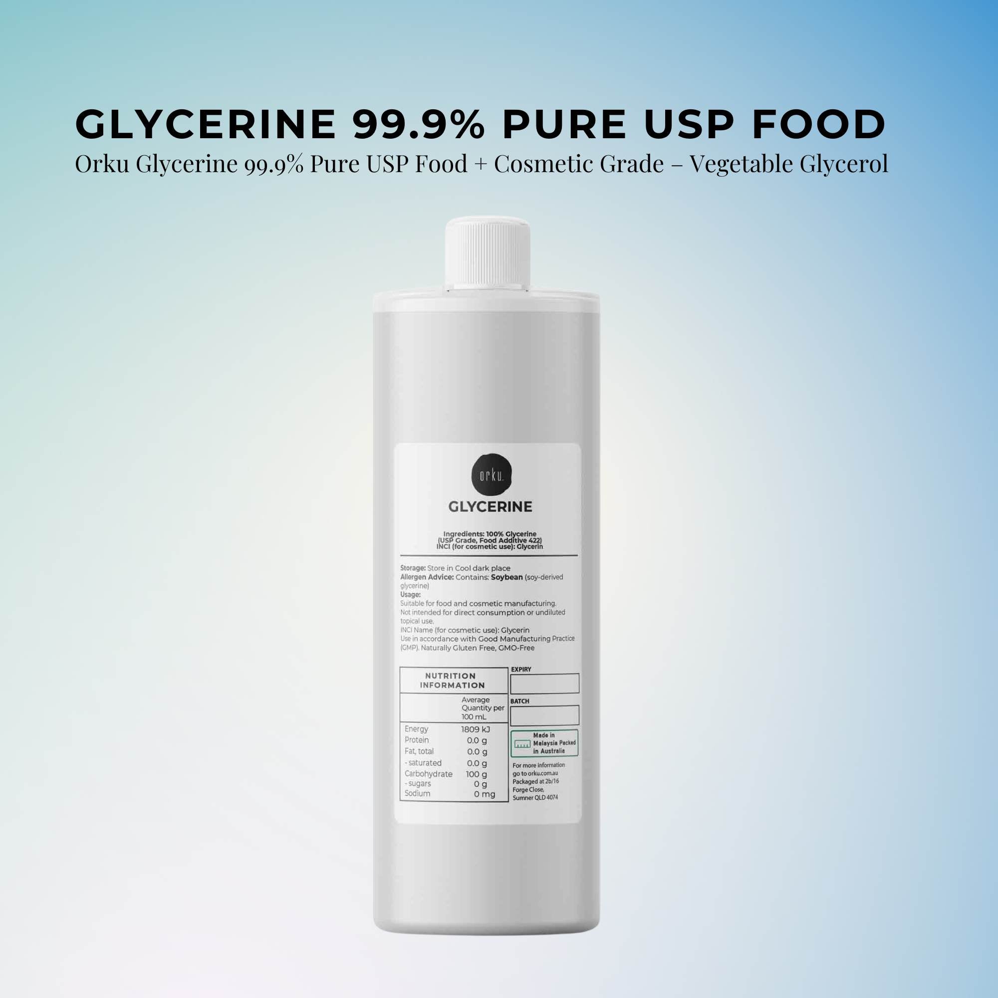 Orku 500ml Glycerine 99.9% Pure USP Food + Cosmetic Grade – Vegetable Glycerol