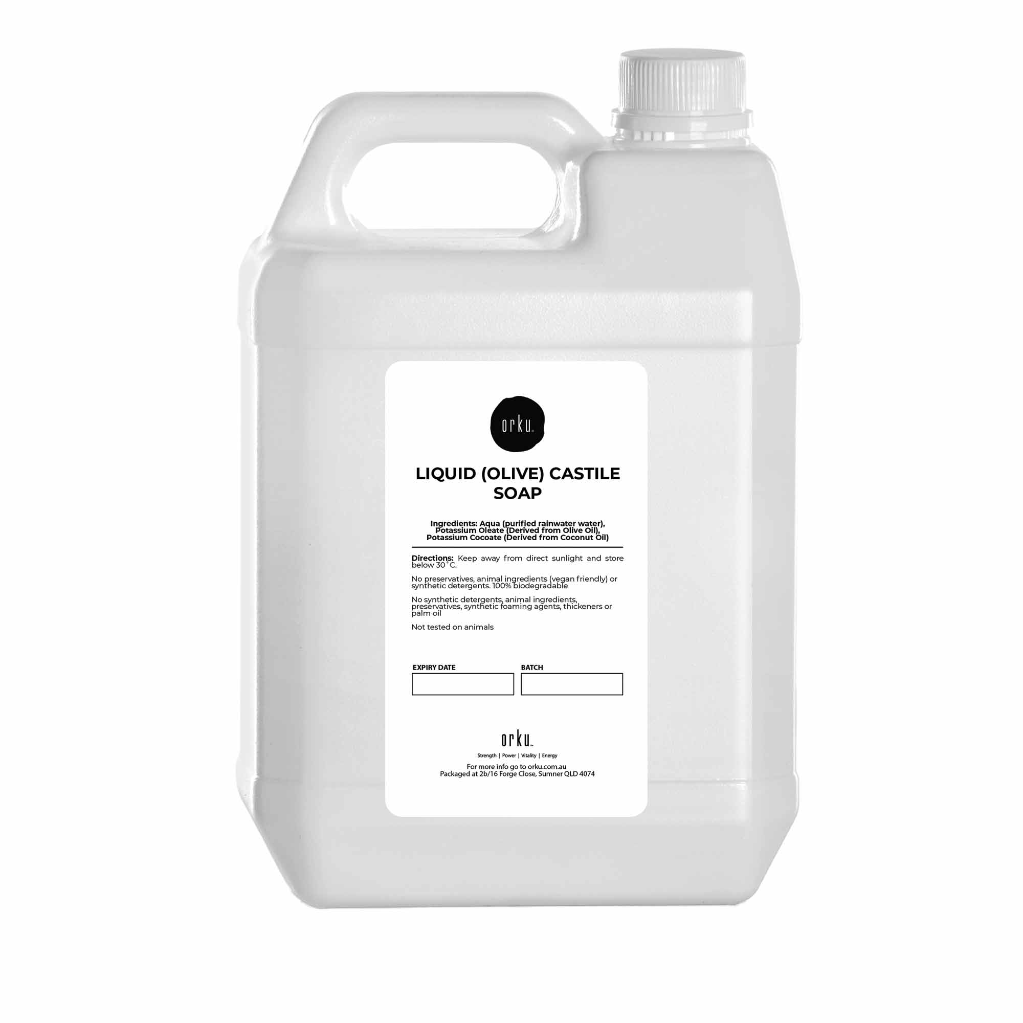 Orku 5L Liquid Castile Soap - Pure Unscented Natural Olive Oil Concentrate Bulk