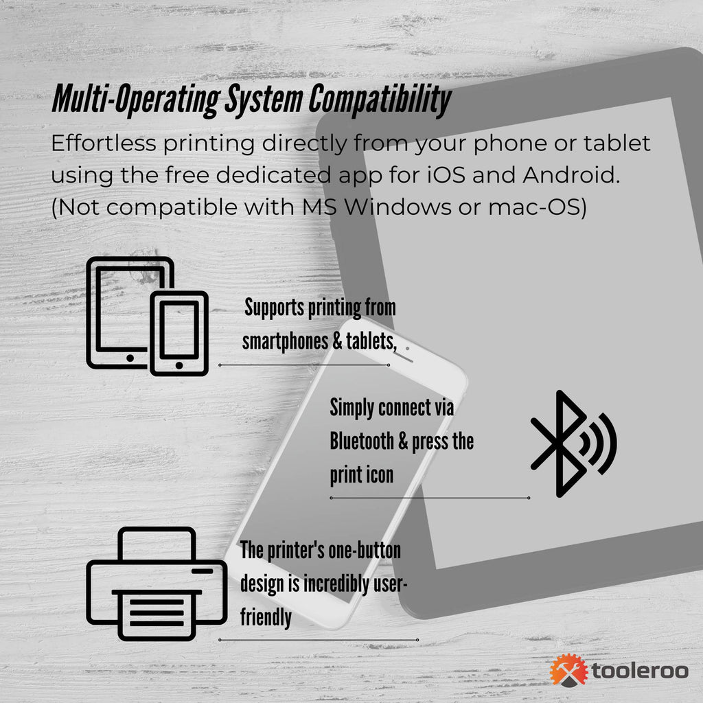 Tooleroo Portable A4 Thermal Printer Black + Paper Kit - Wireless and Inkless