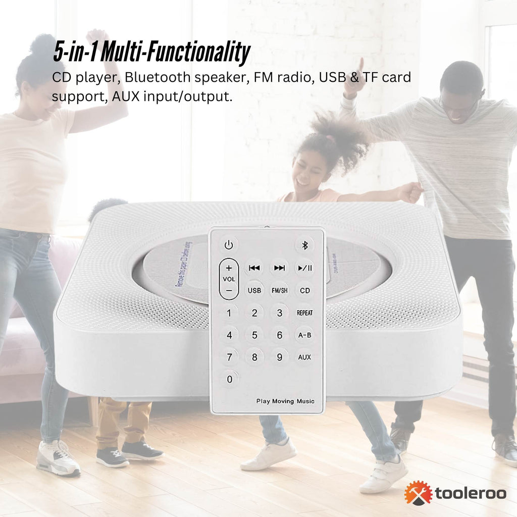 Tooleroo Wall Mountable CD Player Speaker - Bluetooth HiFi FM Radio White