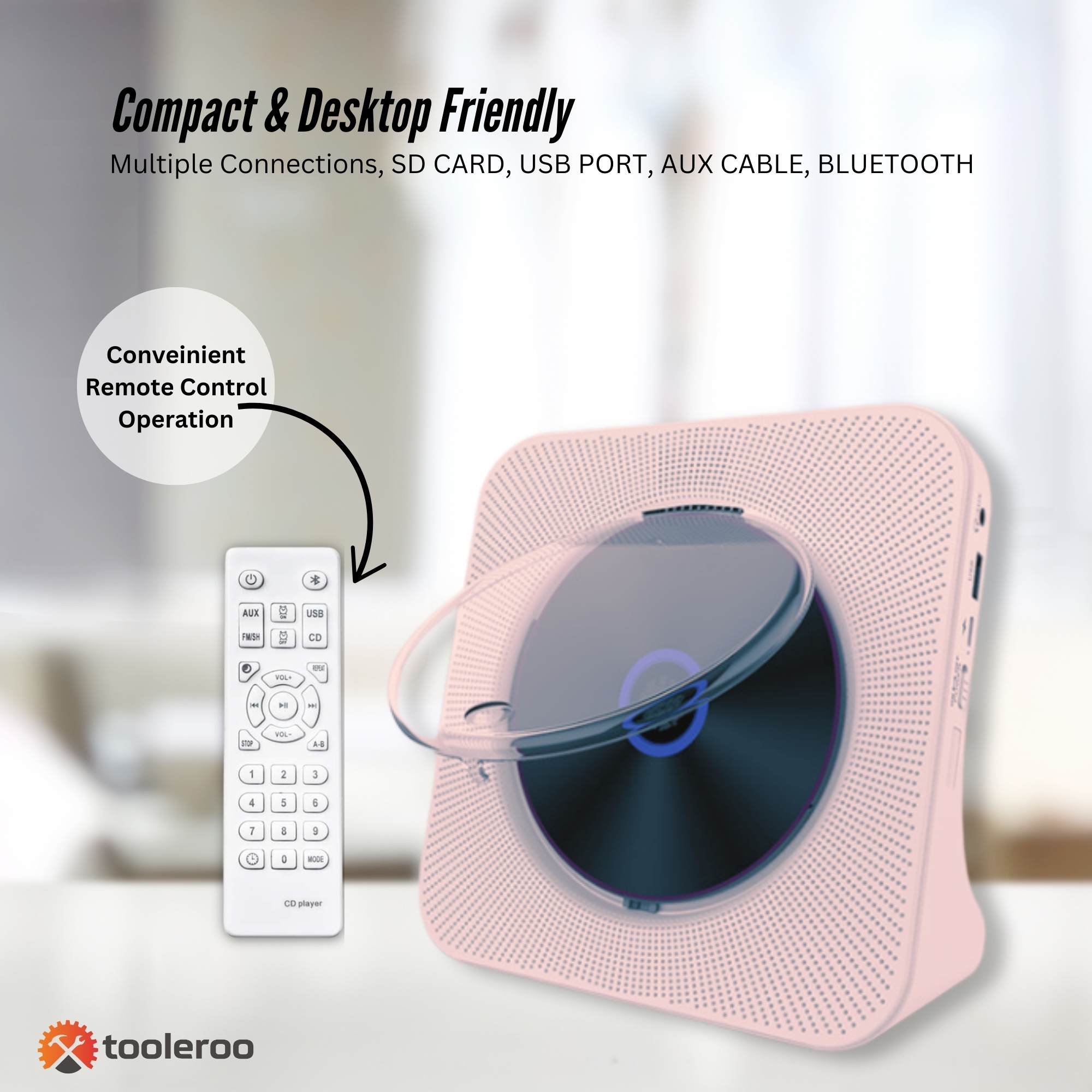 Tooleroo USB Rechargeable Desktop CD Player Speaker – Bluetooth Portable Pink