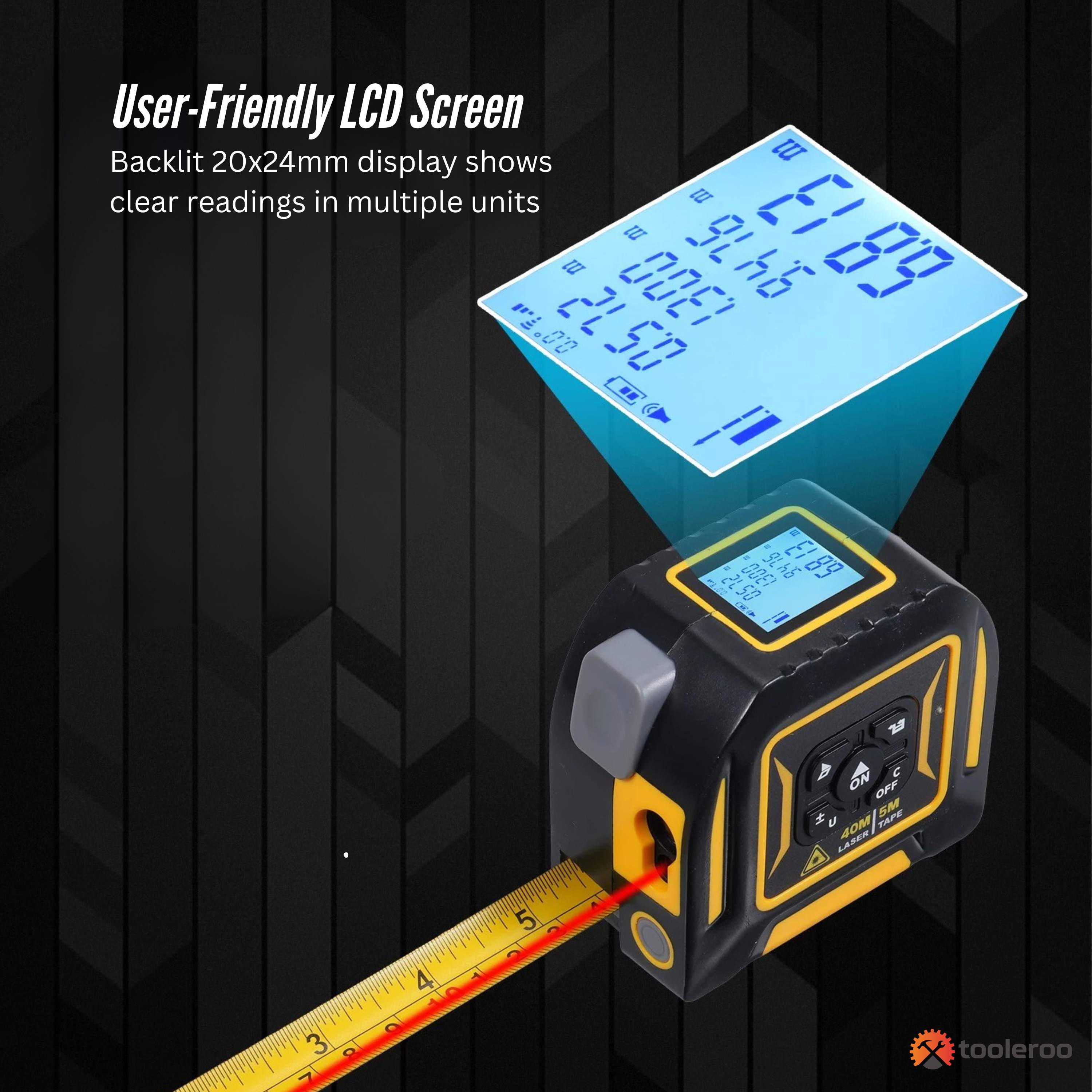 Tooleroo 40m Digital Laser Tape Measure + 5m Steel Tape – 3-in-1 Cross Marking