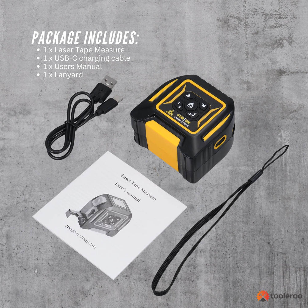 Tooleroo 60m Digital Laser Tape Measure + 5m Steel Tape – 3-in-1 Cross Marking