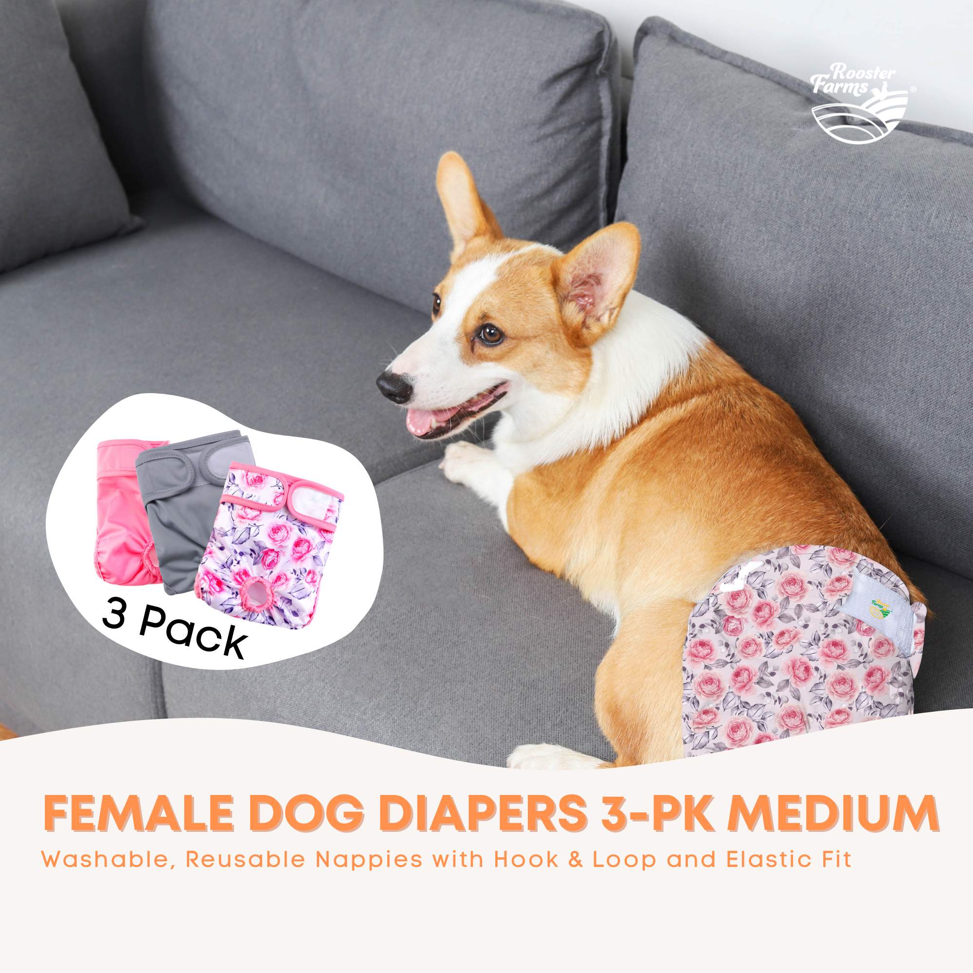 Rooster Farms Female Dog Diapers Medium 3Pk - Washable Reusable Nappy Hook/Loop