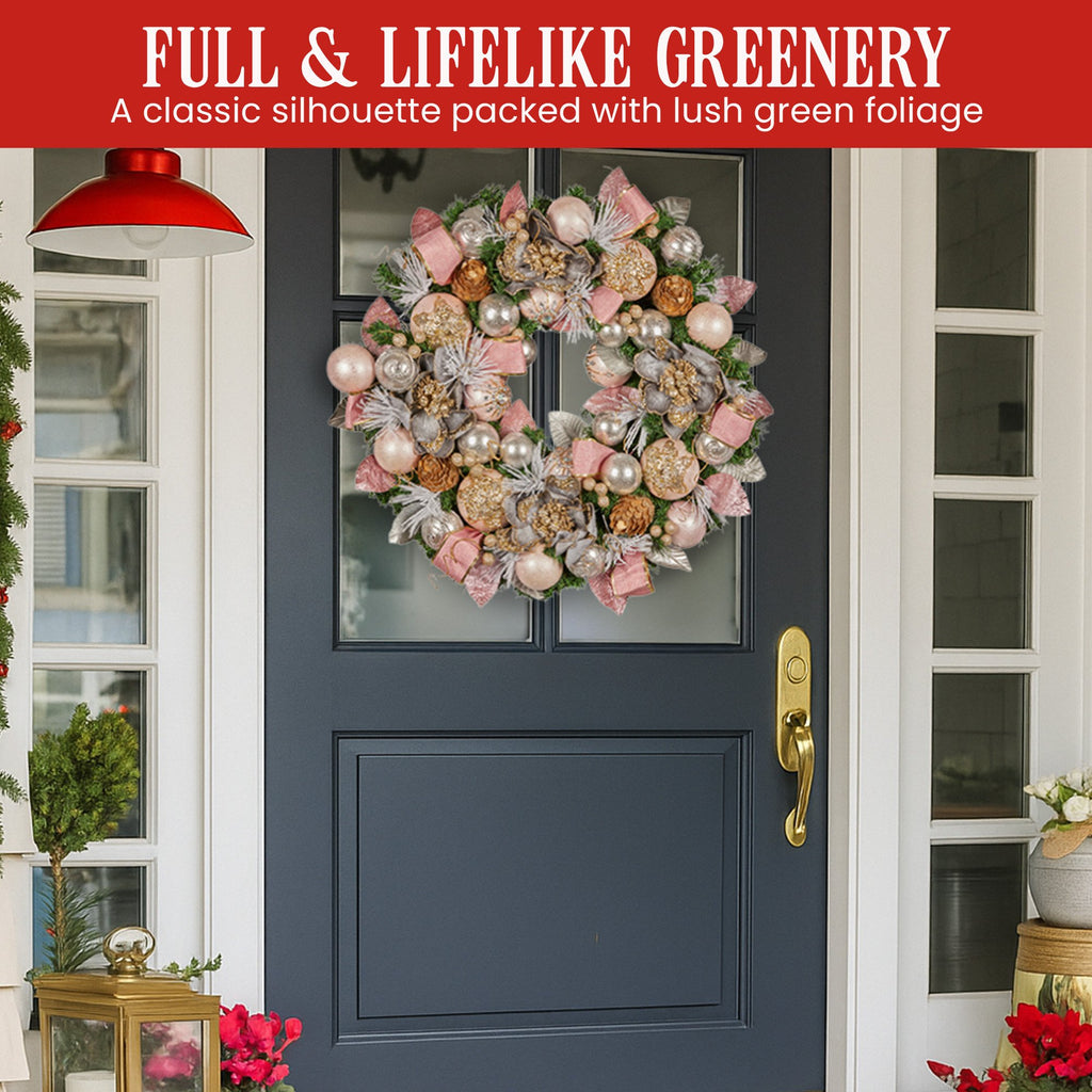 Christabelle 71cm Christmas Wreath Lush Pink Front Door Decoration Jewelled Baubles Flowers Pine Cones Ribbons Ornaments