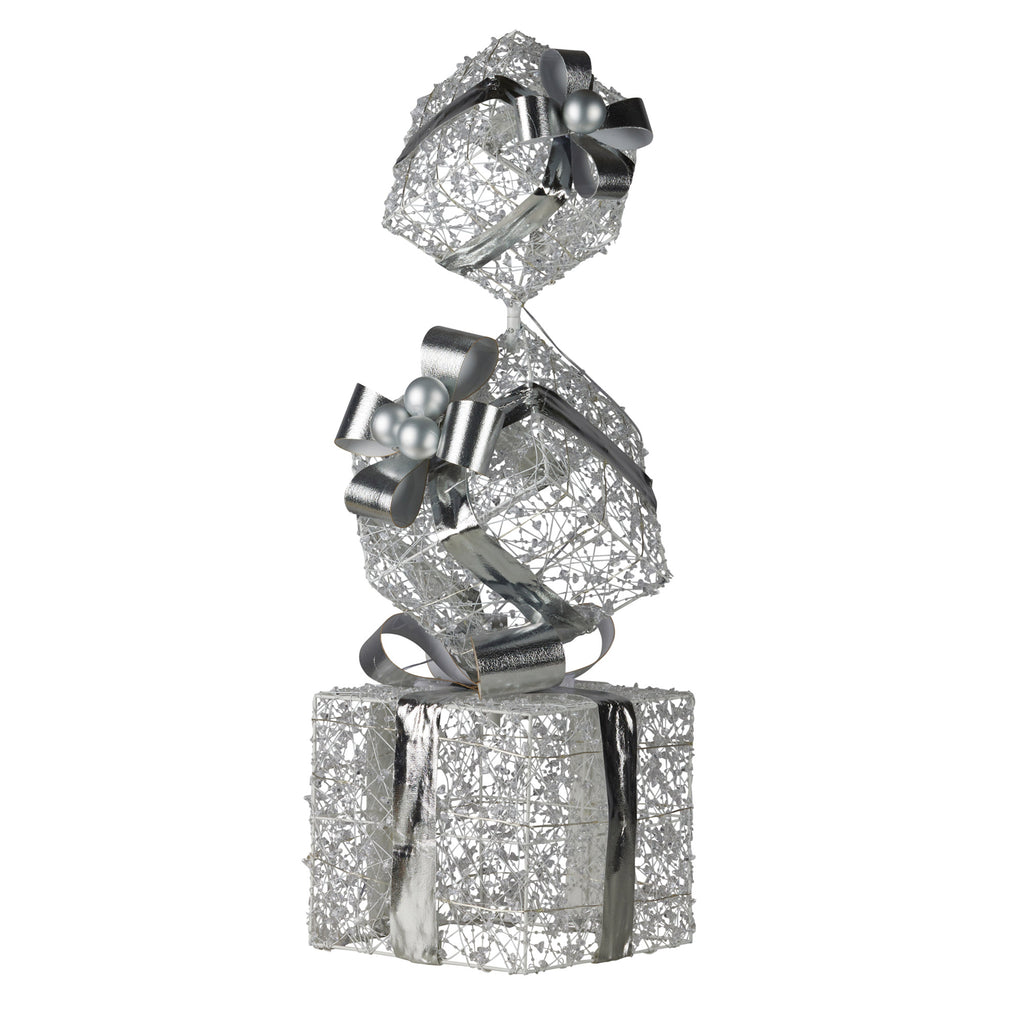 Christabelle 83cm Triple Christmas Silver Giftbox Stack Display with Lights