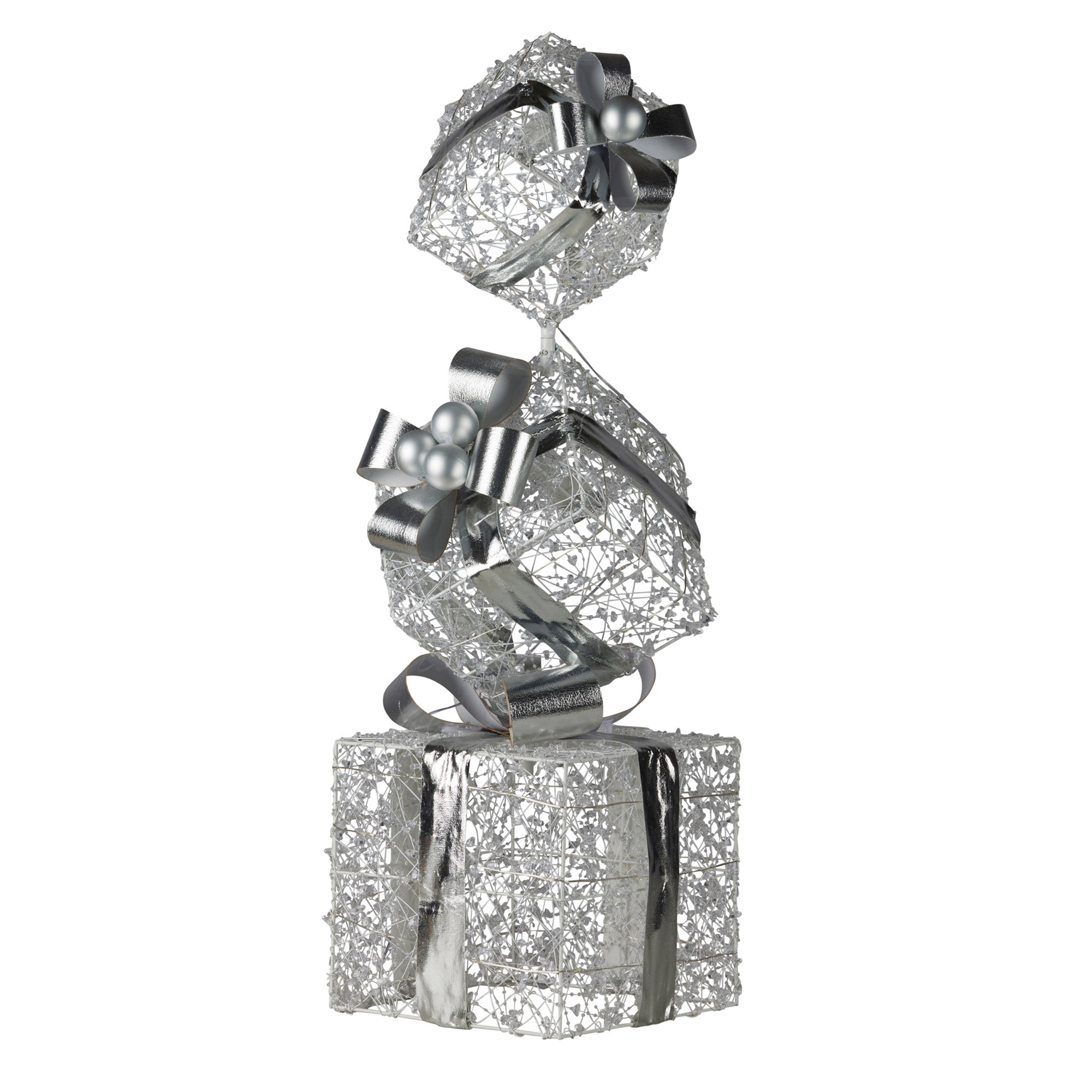 Christabelle 83cm Triple Christmas Silver Giftbox Stack Display with Lights