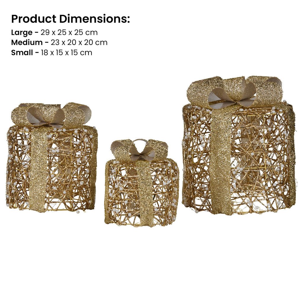 Christabelle Set of 3 Christmas Gift Box Display Gold with LED Lights and Bows Decoration Ornament Present