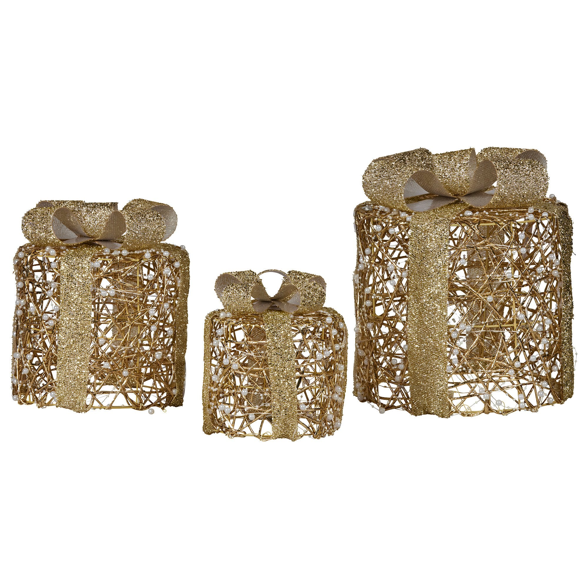 Christabelle Set of 3 Christmas Gift Box Display Gold with LED Lights and Bows Decoration Ornament Present