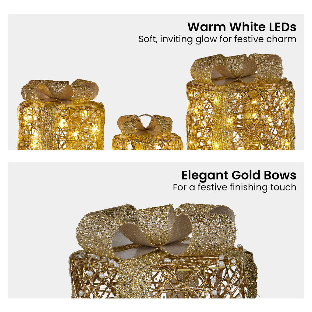 Christabelle Set of 3 Christmas Gift Box Display Gold with LED Lights and Bows Decoration Ornament Present