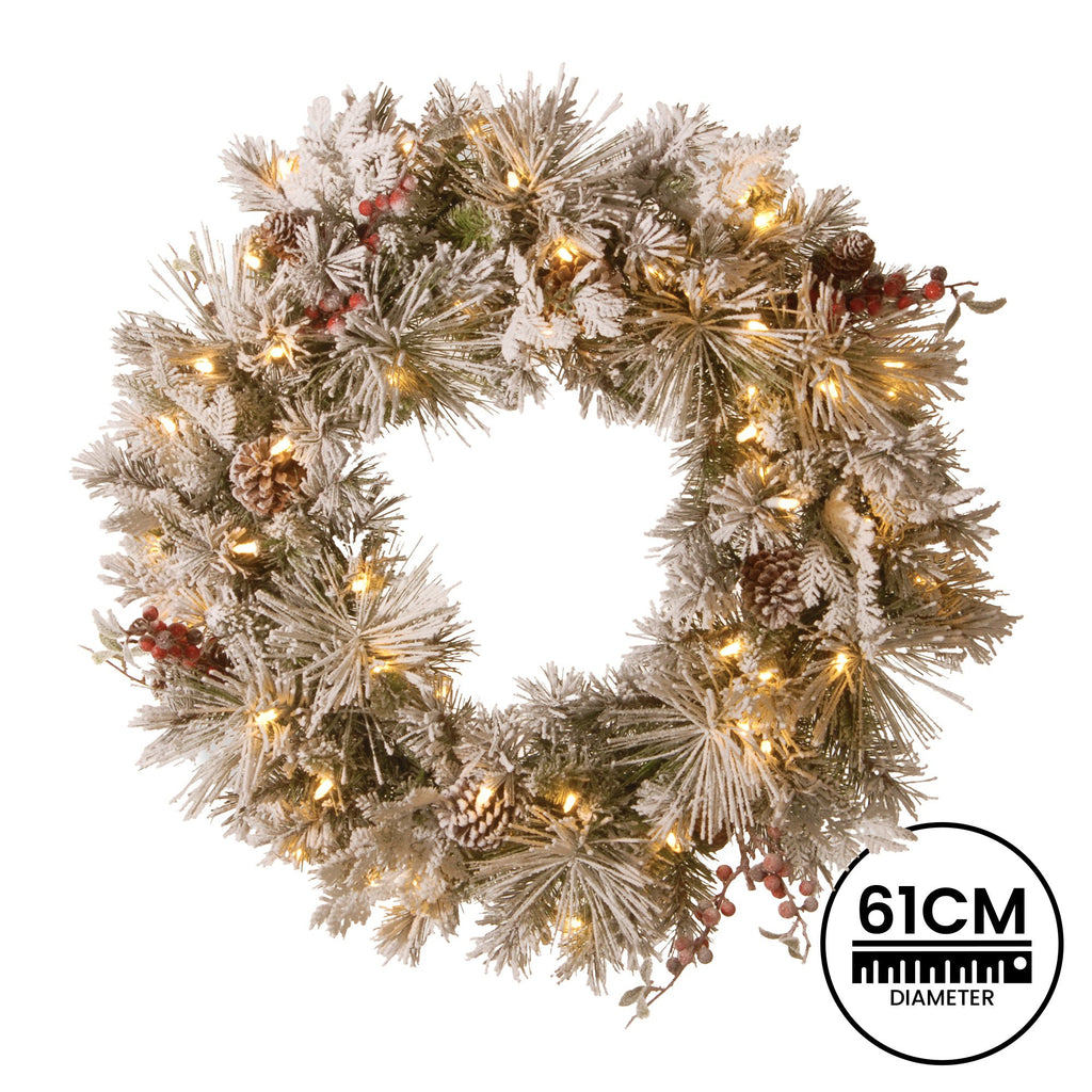 Christabelle 61cm Snowy Christmas Wreath Bedford with LED Lights Front Door Decoration Ornament