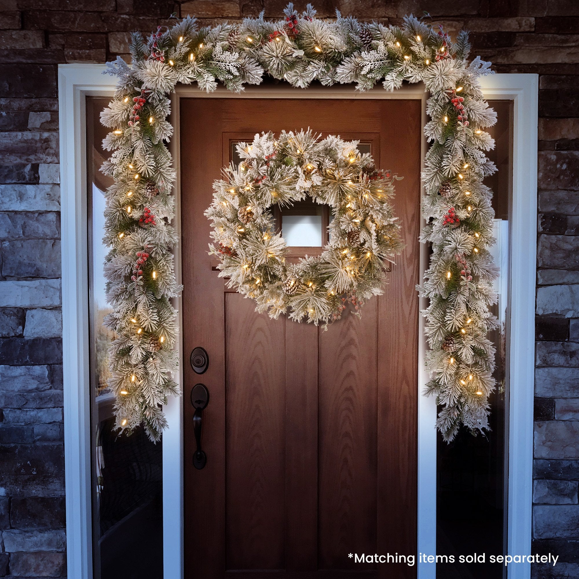 Christabelle 61cm Snowy Christmas Wreath Bedford with LED Lights Front Door Decoration Ornament