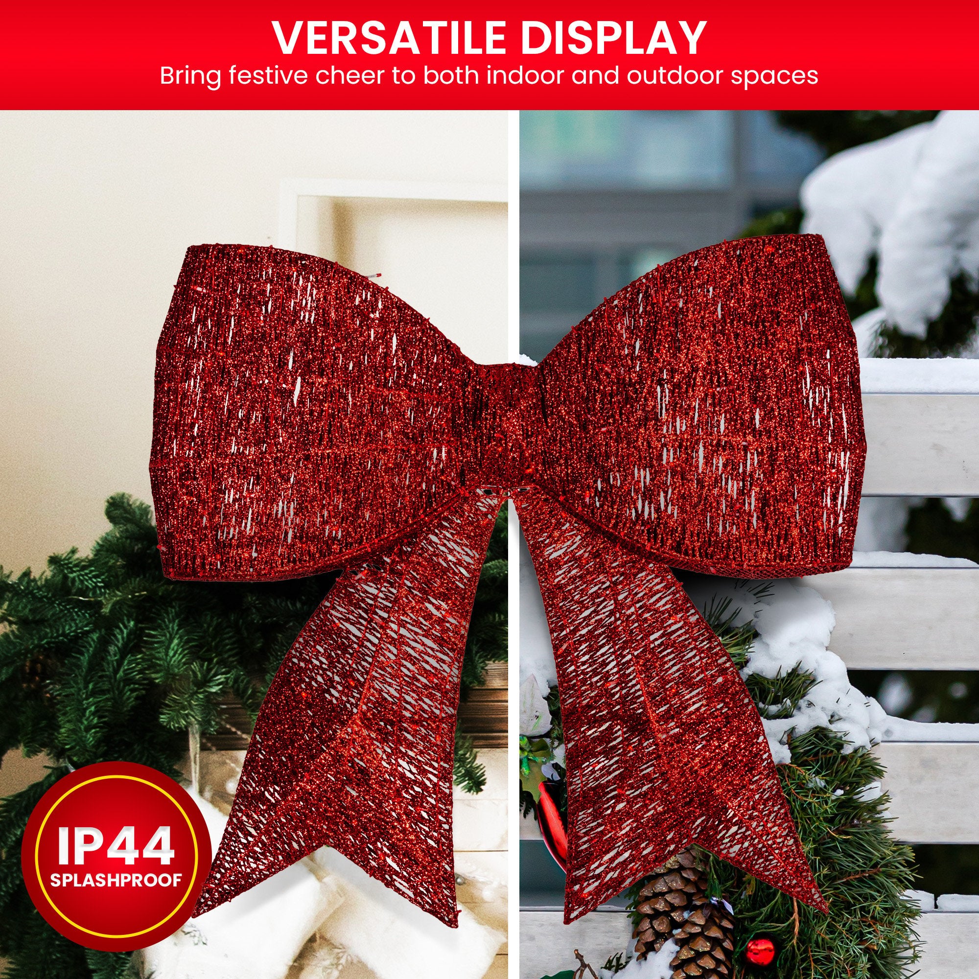 Christabelle Christmas Display Bow 91cm with LED and Twinkle Lights 5 Functions Christmas Festive Decorations Display Big Wired Bow