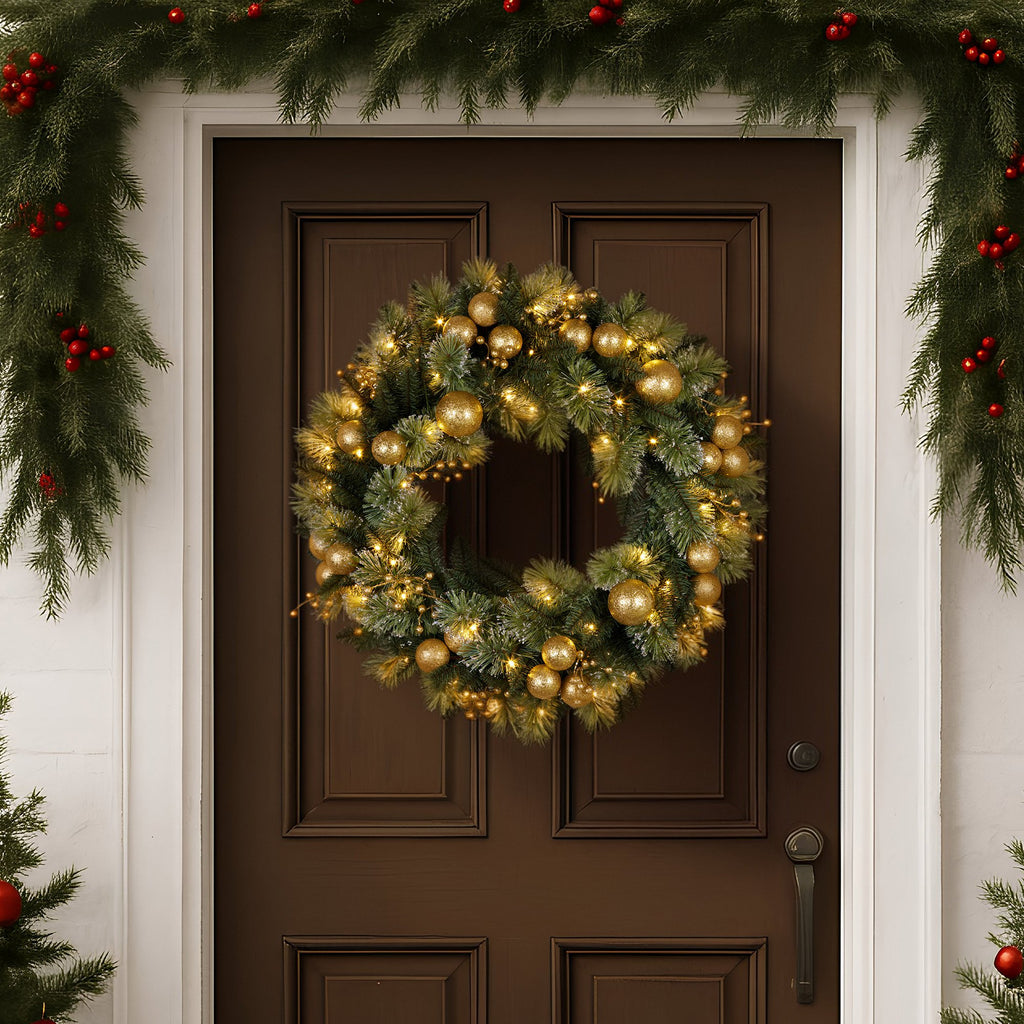 Christabelle 61cm Christmas Wreath Glittery Tipped with LED Lights and Golden Baubles Front Door Decoration Ornament