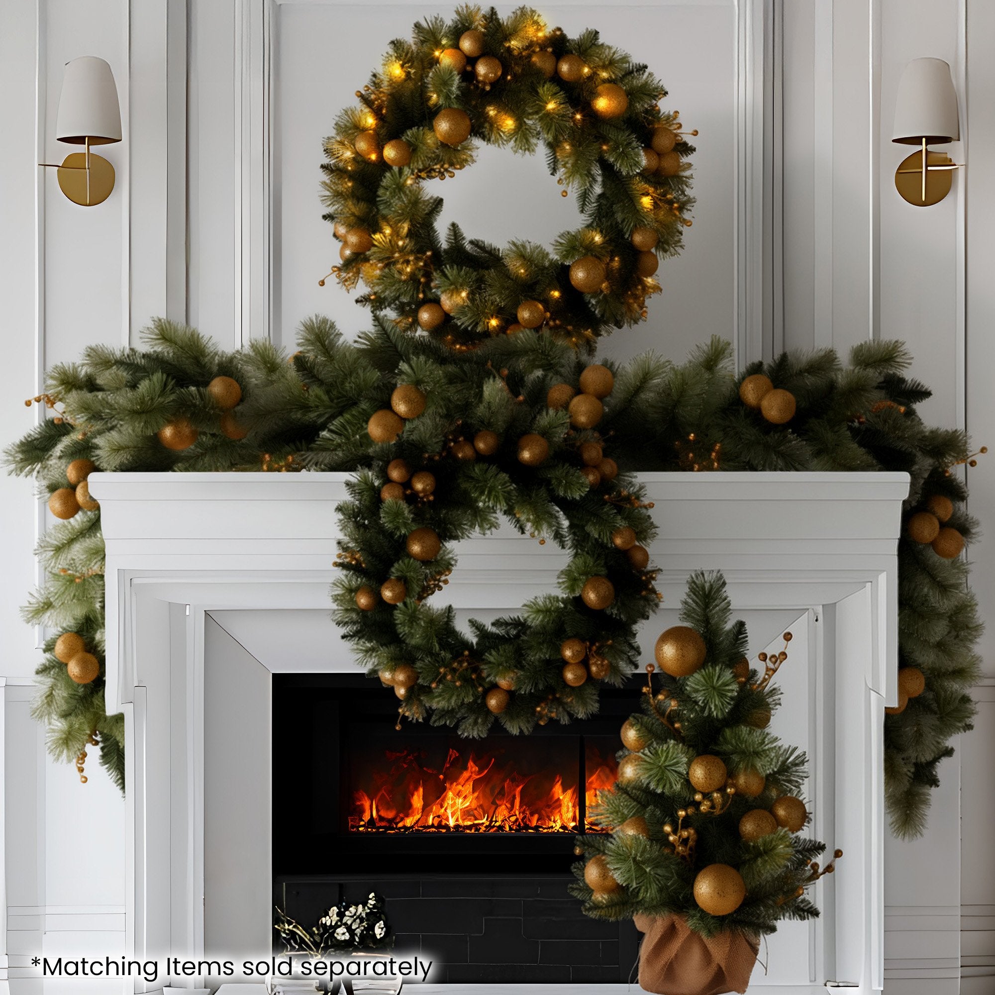 Christabelle 61cm Christmas Wreath Glittery Tipped with LED Lights and Golden Baubles Front Door Decoration Ornament