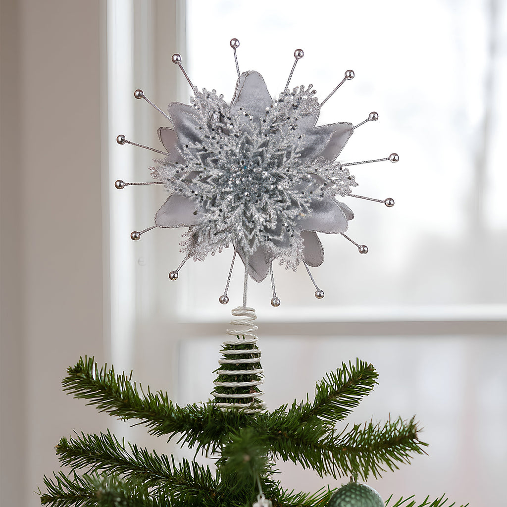 Christabelle Christmas Tree Topper Poinsettia Decoration Ornament Silver Petals