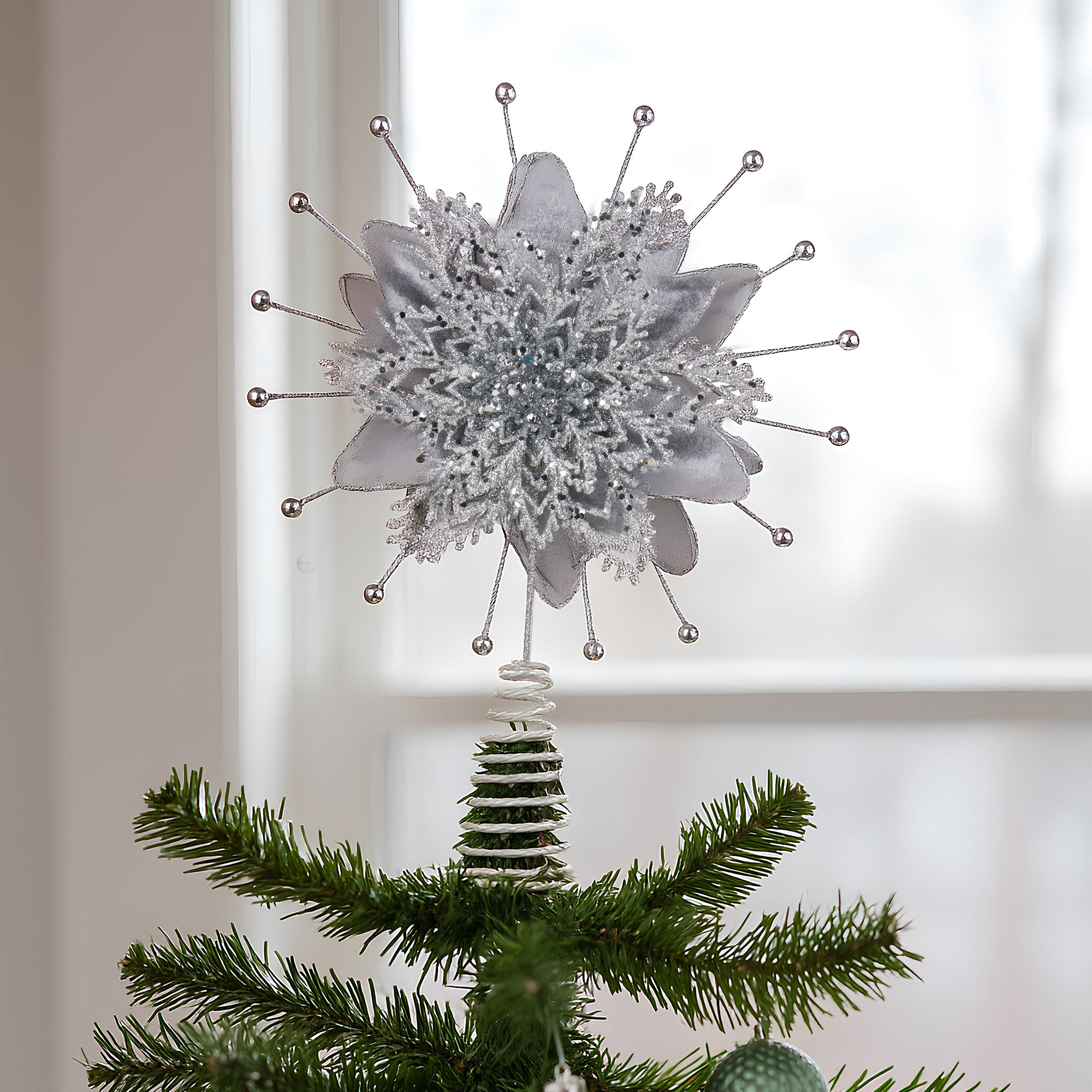 Christabelle Christmas Tree Topper Poinsettia Decoration Ornament Silver Petals