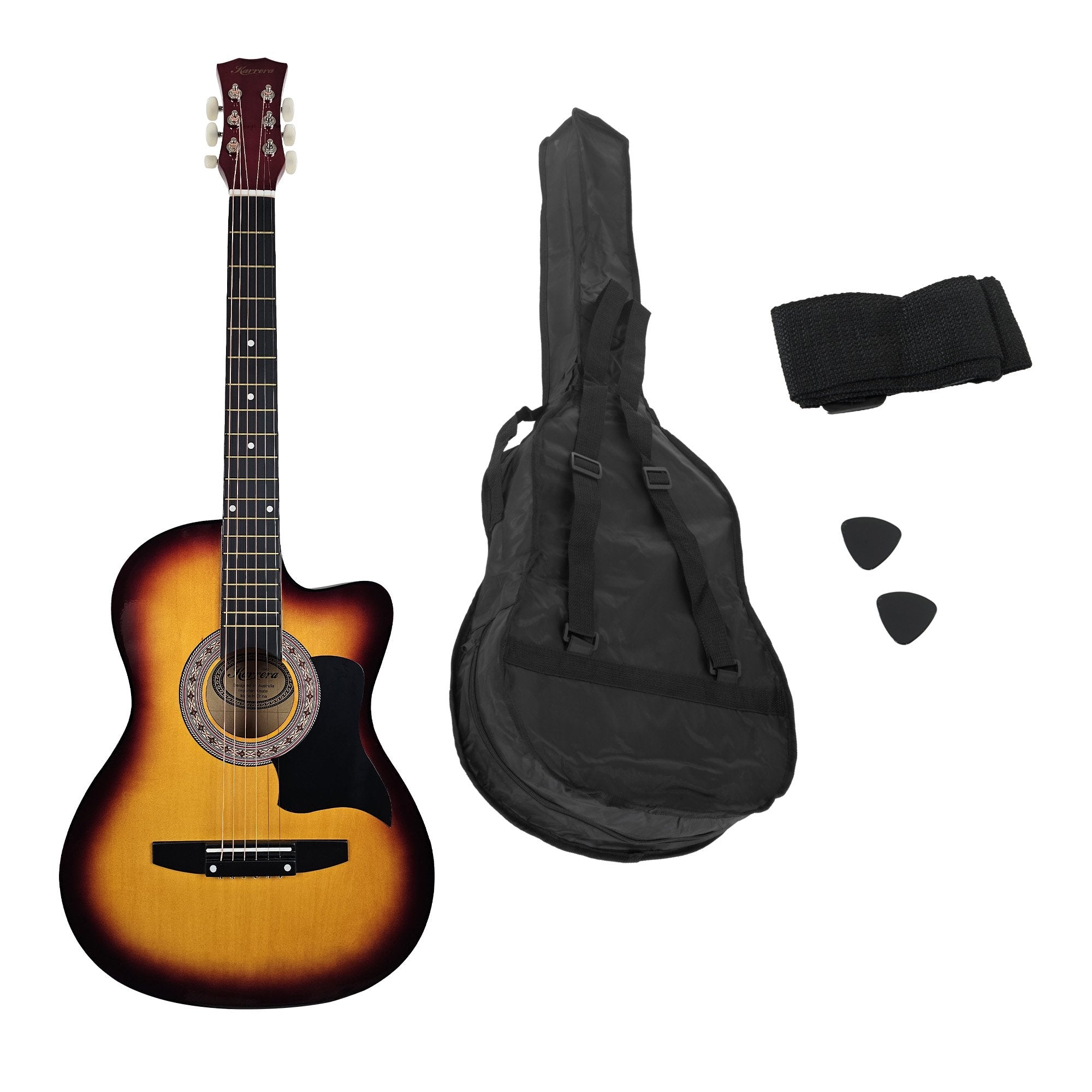 Karrera 38in Acoustic Guitar Steel Strings Carry Bag Shoulder Strap Sun Burst