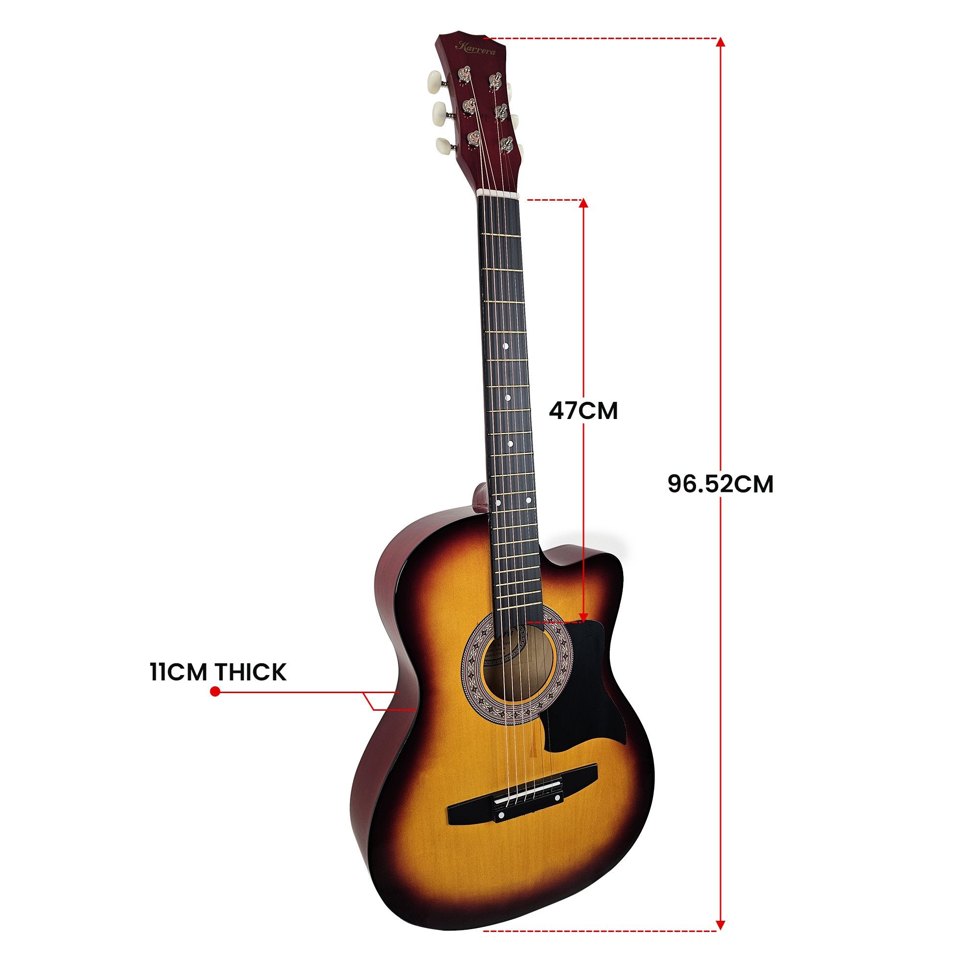 Karrera 38in Acoustic Guitar Steel Strings Carry Bag Shoulder Strap Sun Burst
