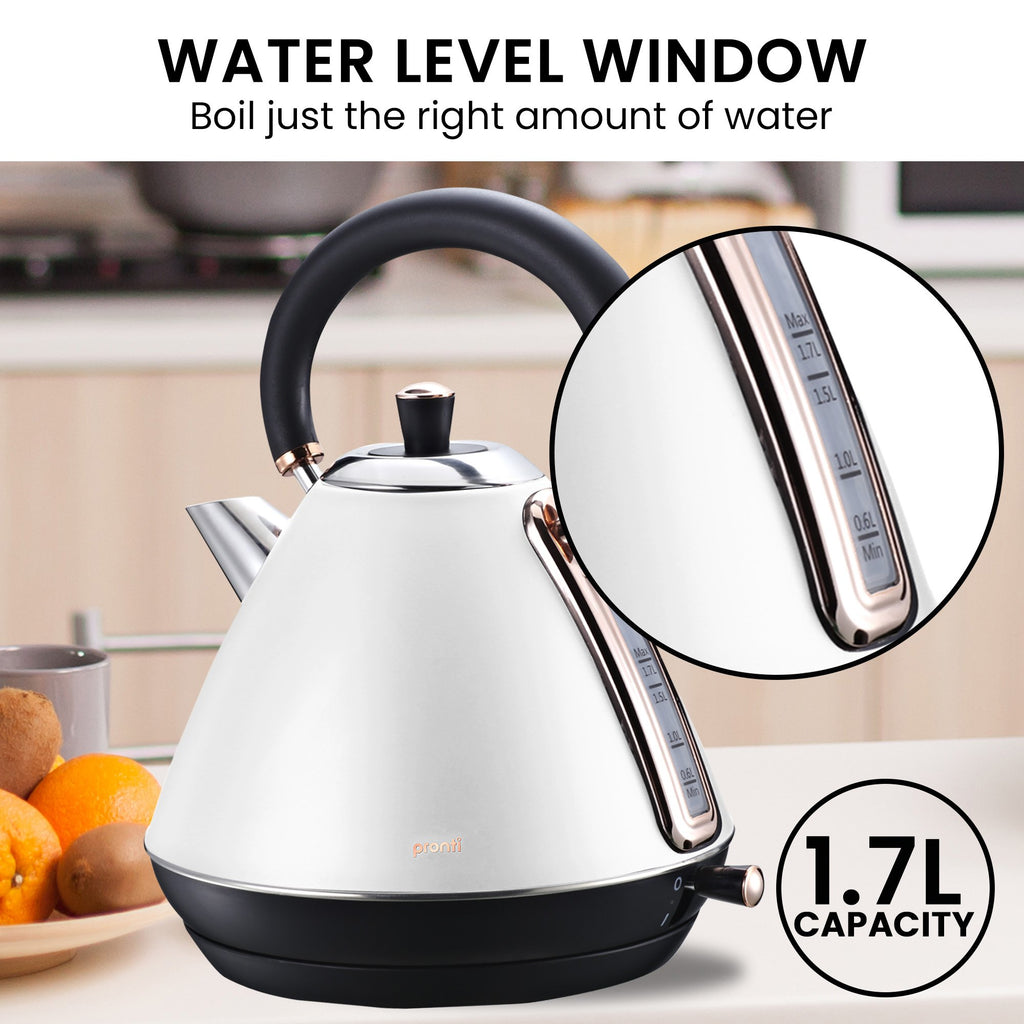 Pronti Breakfast Set with Rose Gold Kettle & Toaster with 1.2L Espresso Machine - White