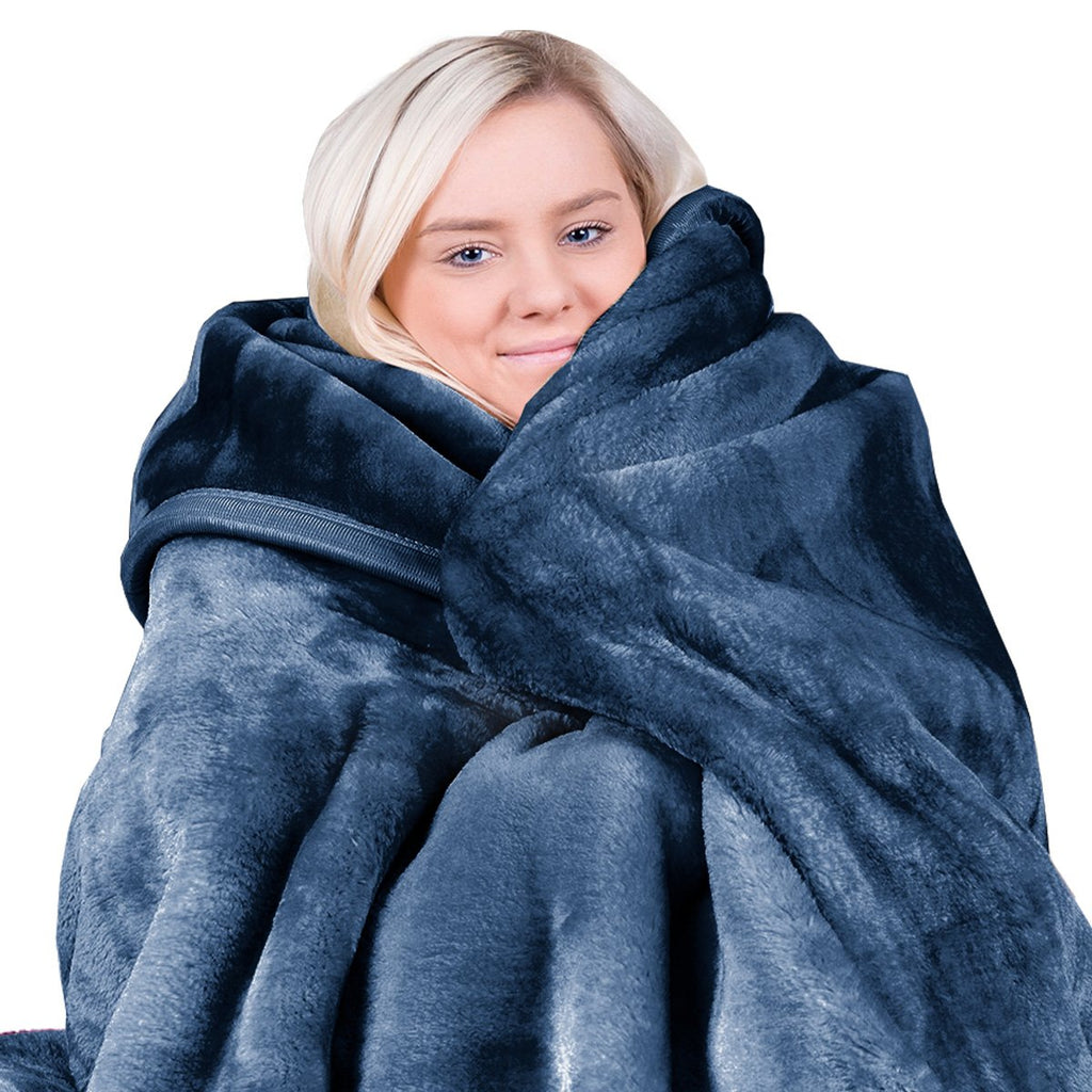 Laura Hill 600gsm Faux Mink Blanket Queen Size Double-sided Throw Rug Large Super Luxurious Soft - Blue