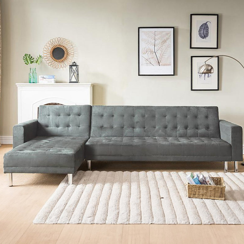 Sarantino Faux Velvet Corner Wooden Sofa Bed Couch with Chaise - Grey