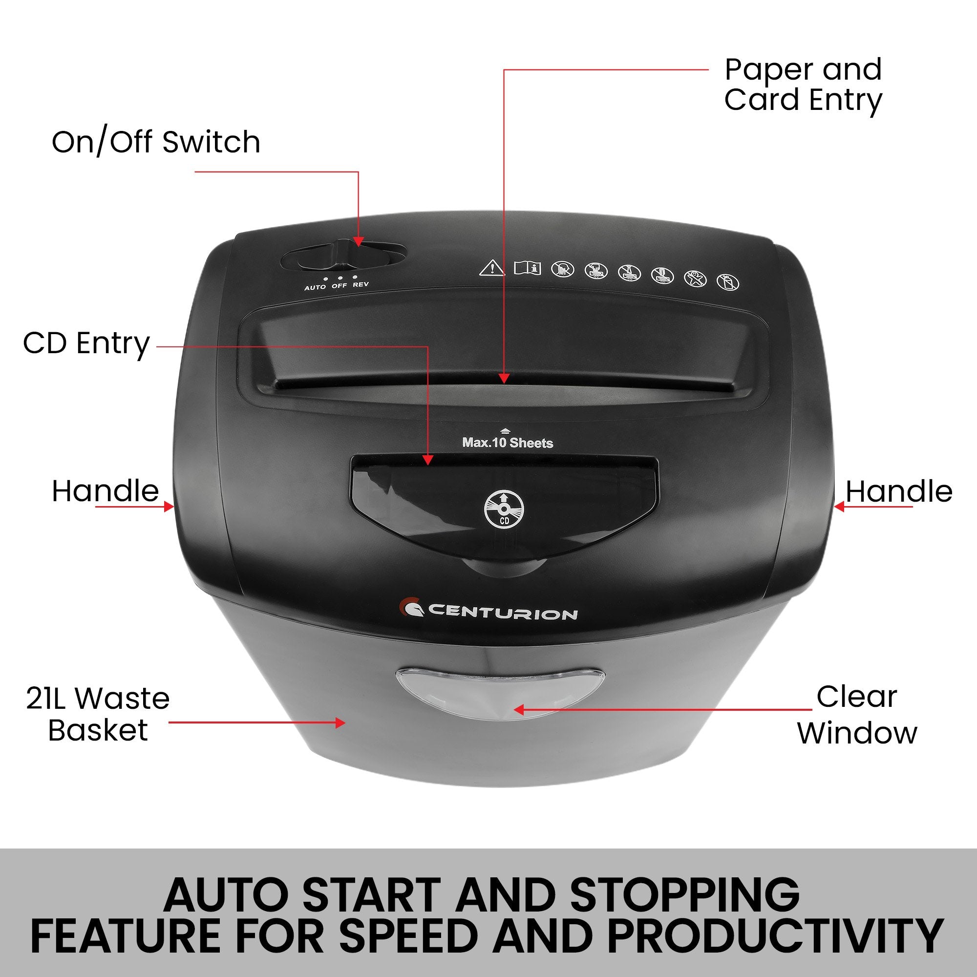 Centurion 21L Cross-Cut Office Shredder 10-Sheet Paper, CD & Credit Card Security