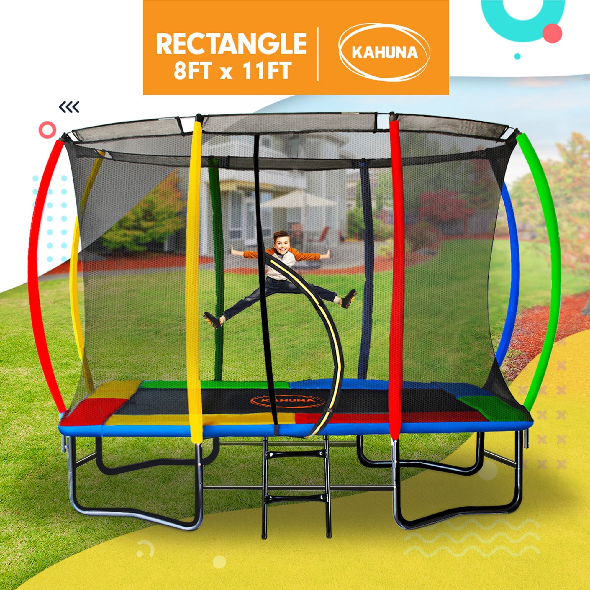 Kahuna 8ft x 11ft Rectangular Trampoline Rainbow Free Safety Net Spring Pad Cover Mat Ladder