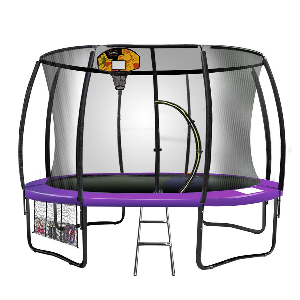 Kahuna 10ft Outdoor Trampoline With Safety Enclosure Pad Ladder Basketball Hoop Set Purple