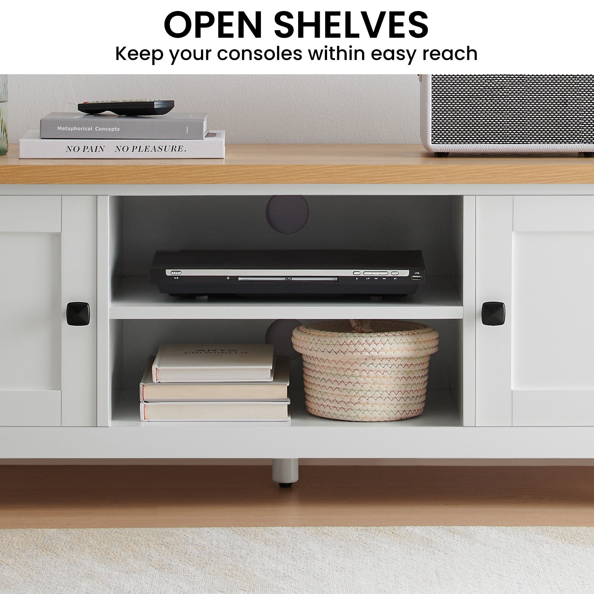 Sarantino Gio TV Entertainment Stand Cabinet Cupboard in White and Natural Wood Finish
