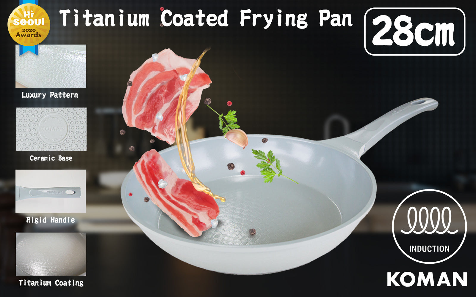KOMAN Shinewon Vinch IH Frypan Frying Pan 28cm Non-stick Induction Ceramic GREY
