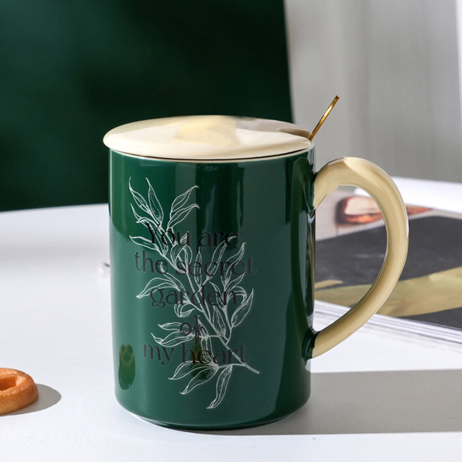 2X High-Fired Ceramic Porcelain Mug Set with Lid 400ml Vintage Floral Tea Spoon GREEN