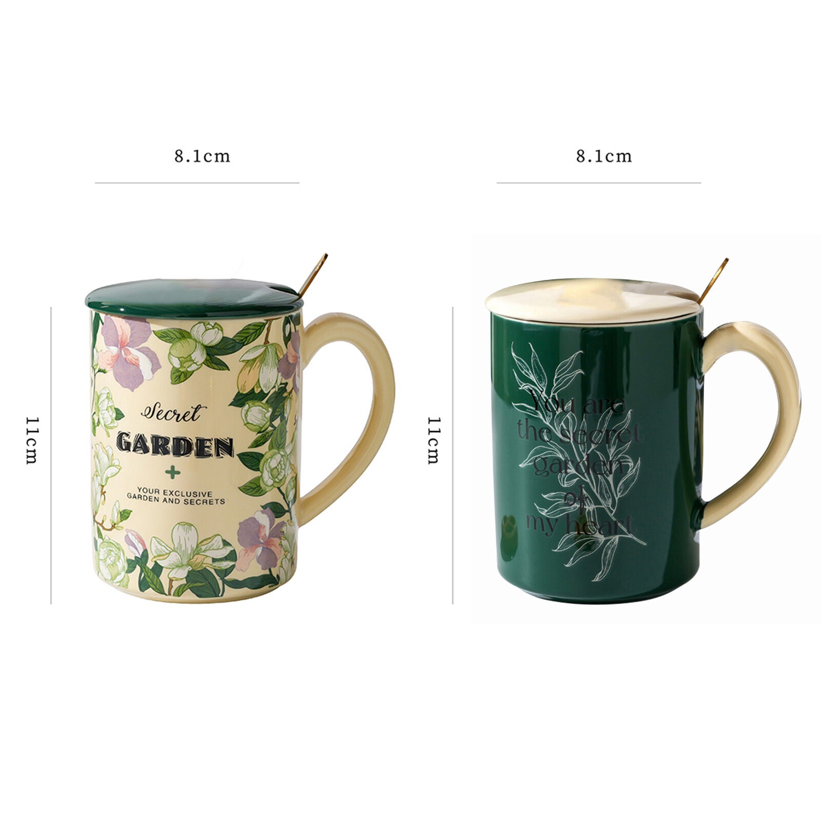 2X High-Fired Ceramic Porcelain Mug Set with Lid 400ml Vintage Floral Tea Spoon GREEN
