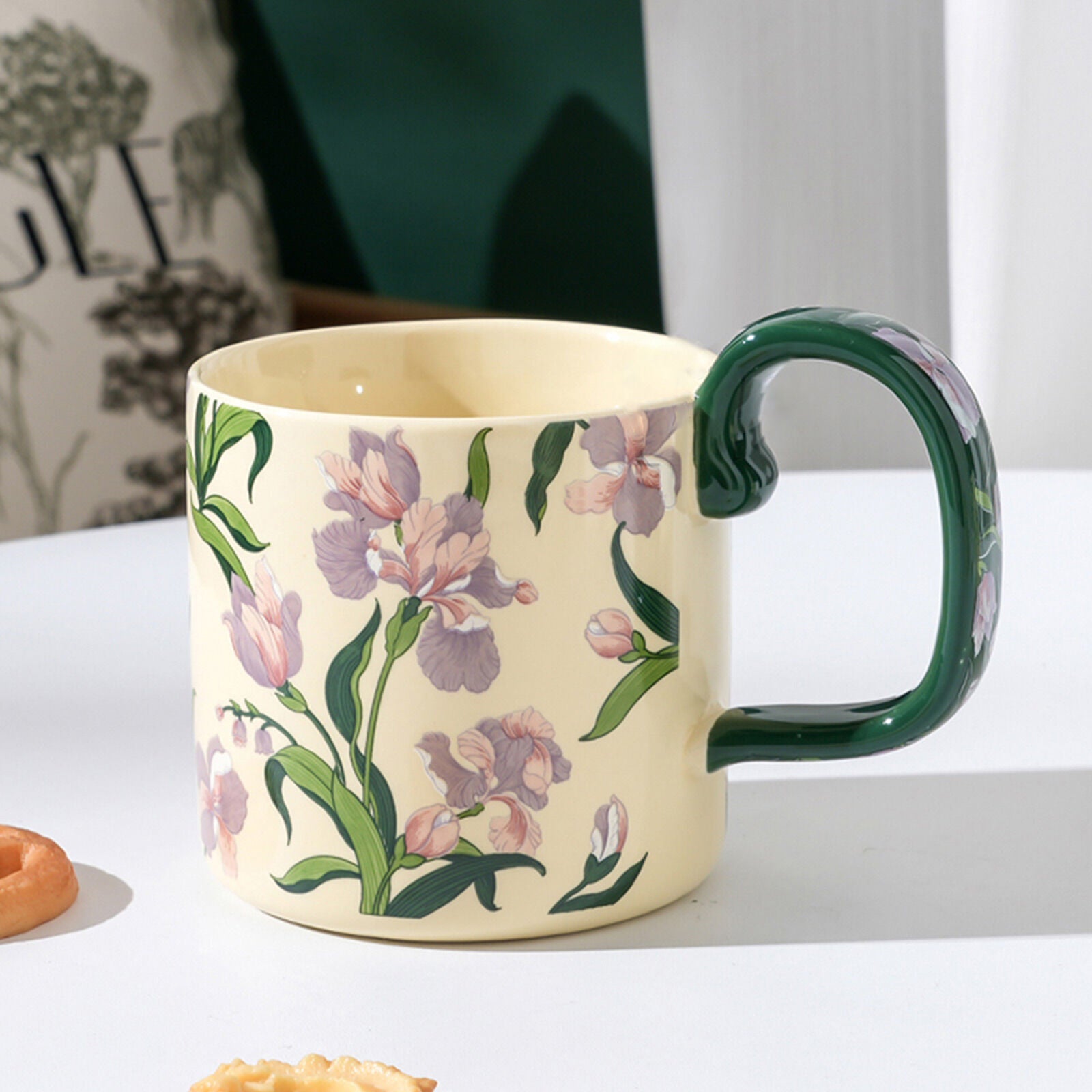 2X High-Fired Ceramic Porcelain Mug Set with Lid 400ml Vintage Floral Tea Spoon GREEN