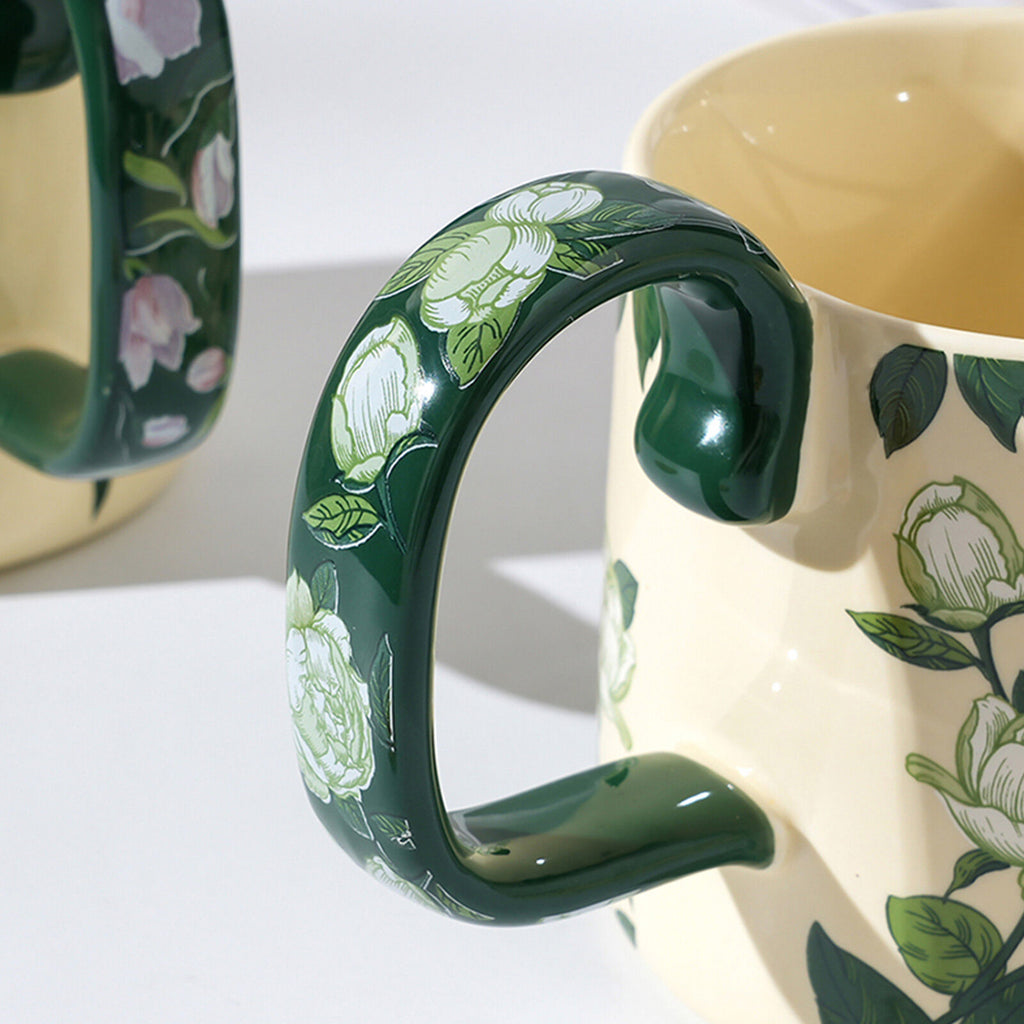 2X High-Fired Ceramic Porcelain Mug Set with Lid 400ml Vintage Floral Tea Spoon GREEN