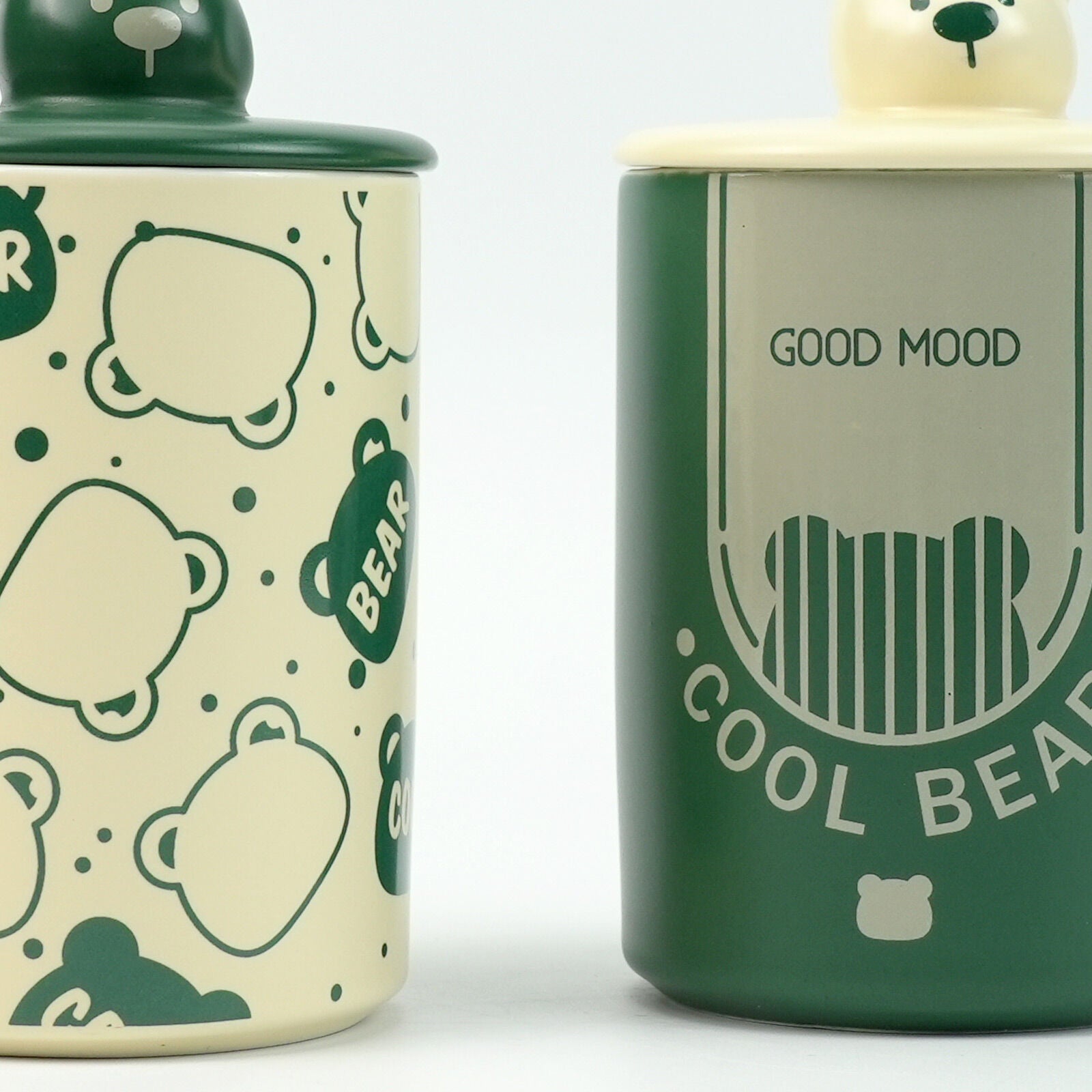 2X High-Fired Ceramic Porcelain Mug Set with Lid 400ml Bear w Tea Spoon GREEN