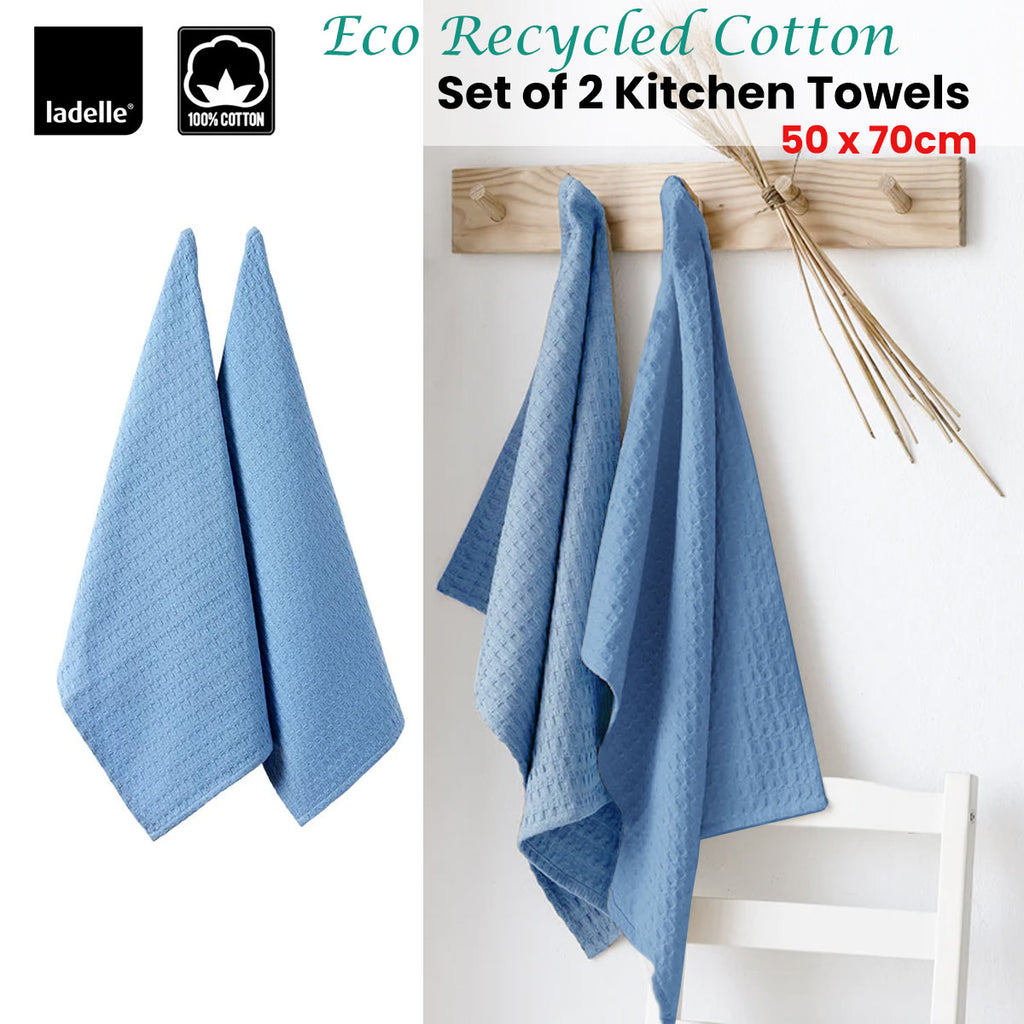 Ladelle Eco Recycled Cotton Set of 2 Cotton Kitchen Towels Blue 50 x 70 cm