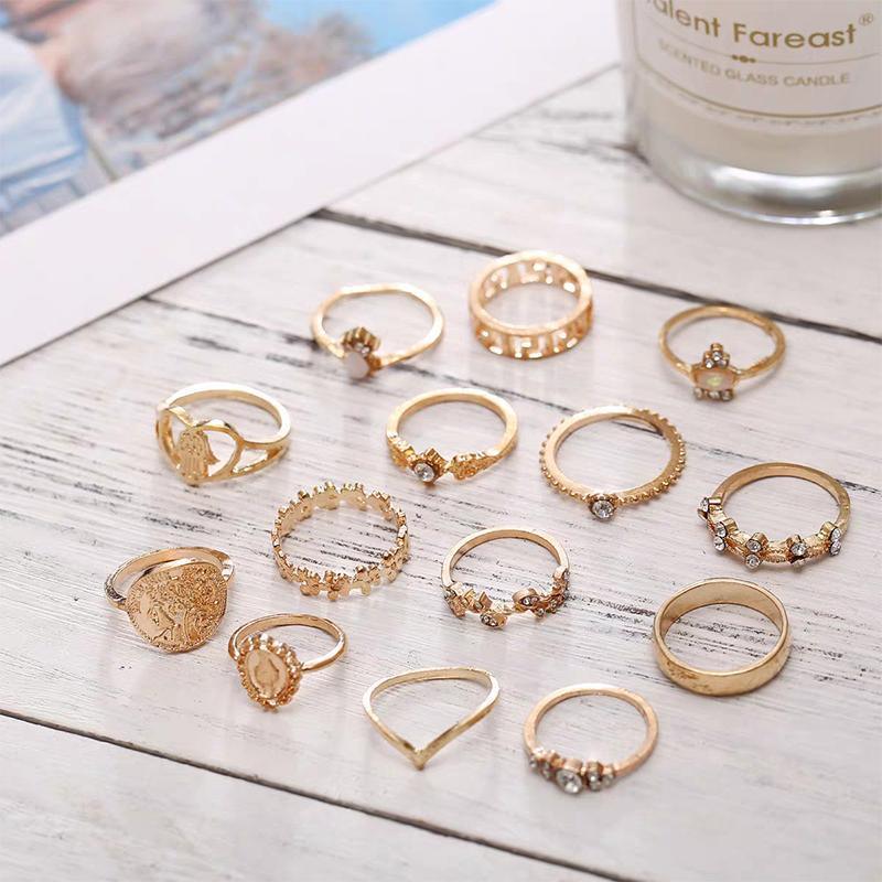 Gold Hollow Stackable Joint Ring Set 15 PCS Various Styles Versatile Womens