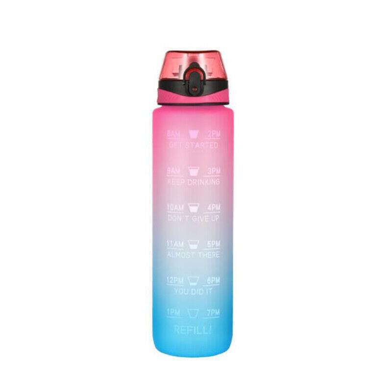 1L Water Bottle Motivational Drink Flask With Time Markings Bpa Free Sport Gym - Blue+Pink