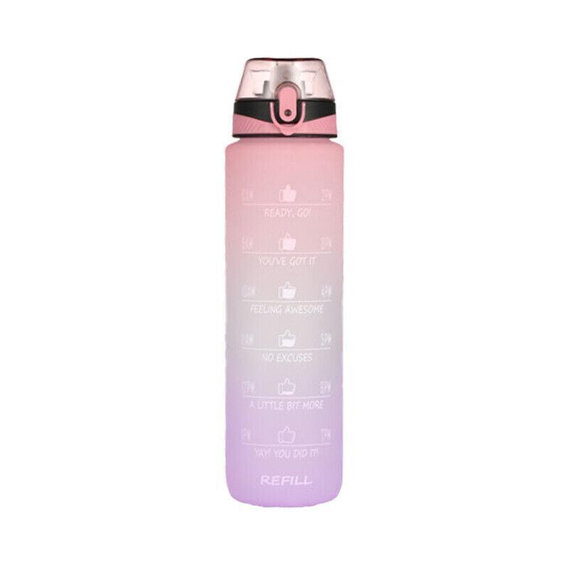 1L Water Bottle Motivational Drink Flask With Time Markings Bpa Free Sport Gym - Blue+Pink