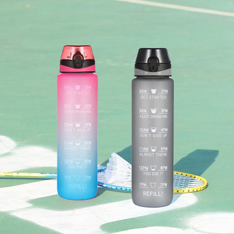 1L Water Bottle Motivational Drink Flask With Time Markings Bpa Free Sport Gym - Pink+Purple