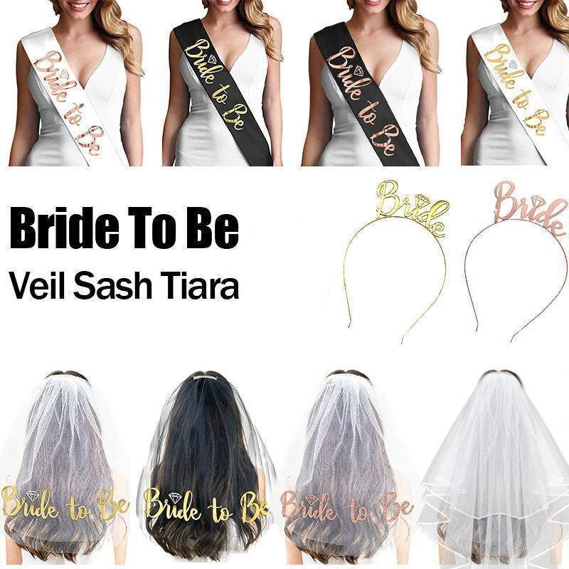 Bride To Be Hen Veil Sash Tiara Hens Night Bridal Shower Kitchen Tea Accessories - Plain Veil