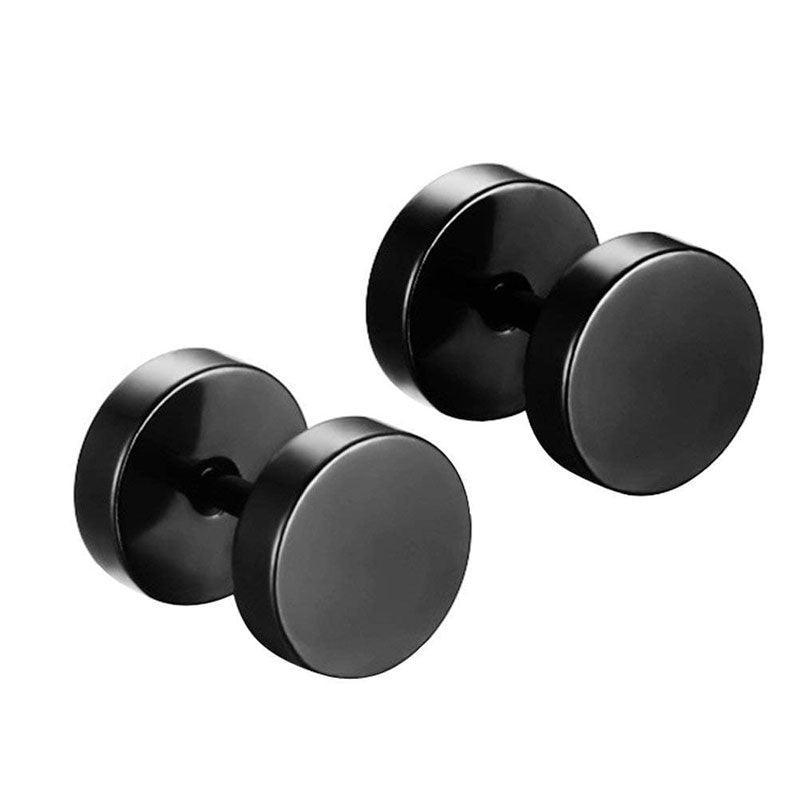 Pair Black Flat Round Barbell Plug Stud Earrings Stainless Steel Mens Gym 4-12Mm - 10mm