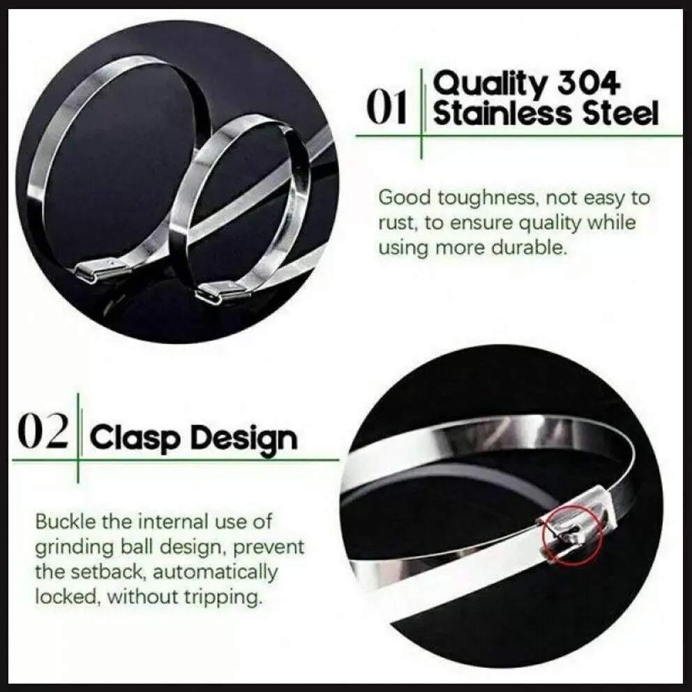 100x Stainless Steel Cable Ties SS304 Marine Grade Zip Strap Locking Wrap 100-800mm - 4.6*200mm